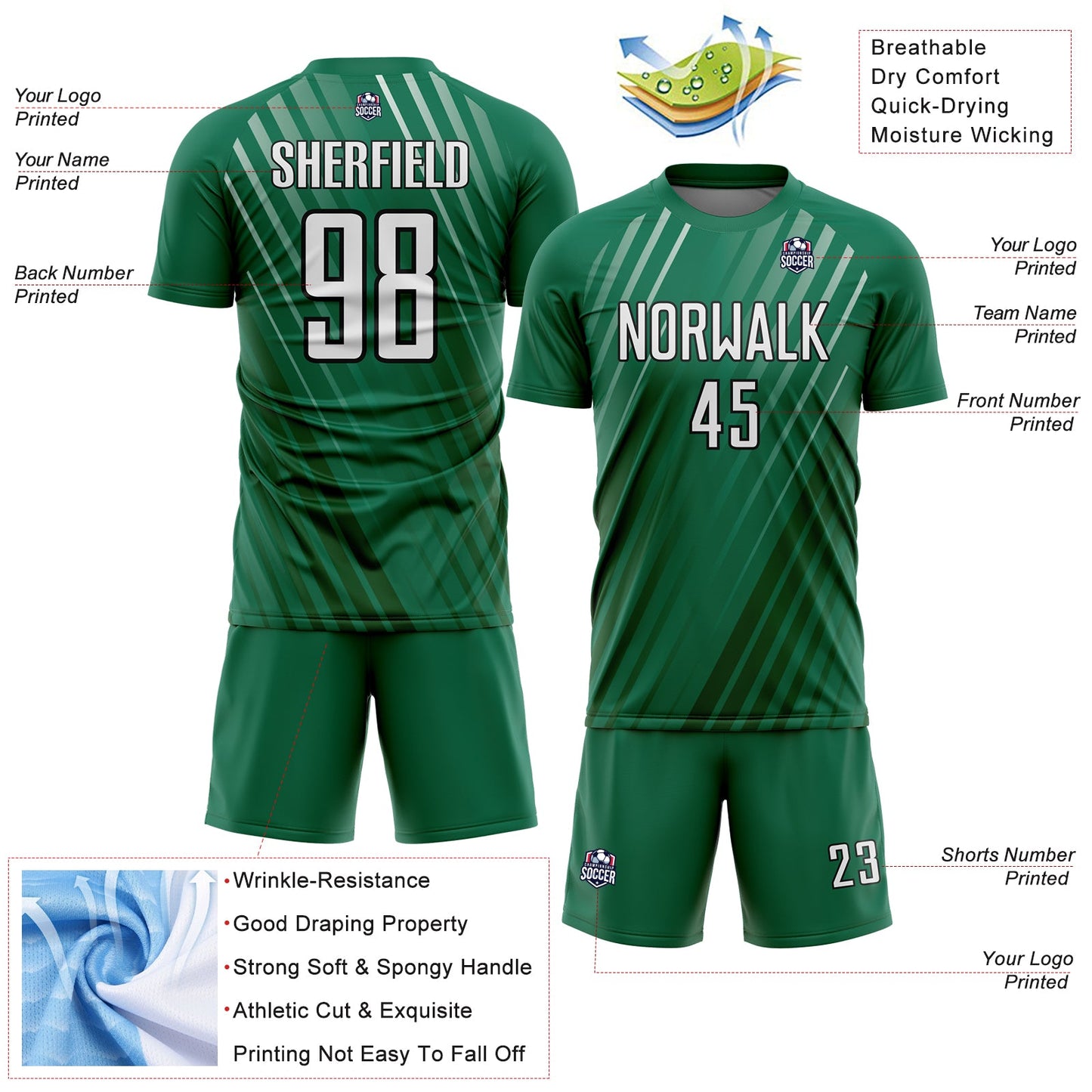 Custom Kelly Green White-Black Stripe Line Sublimation Soccer Uniform Jersey view 4