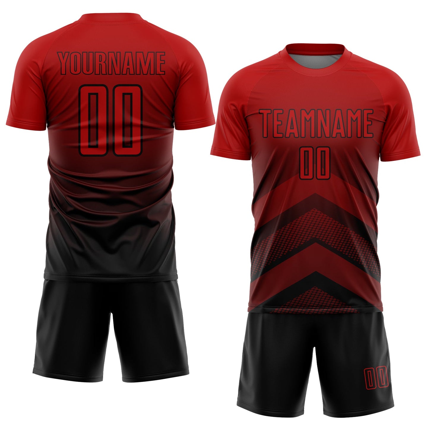 Custom Red Black Gradient Arrow Geometric Shapes Sublimation Soccer Uniform Jersey view 2