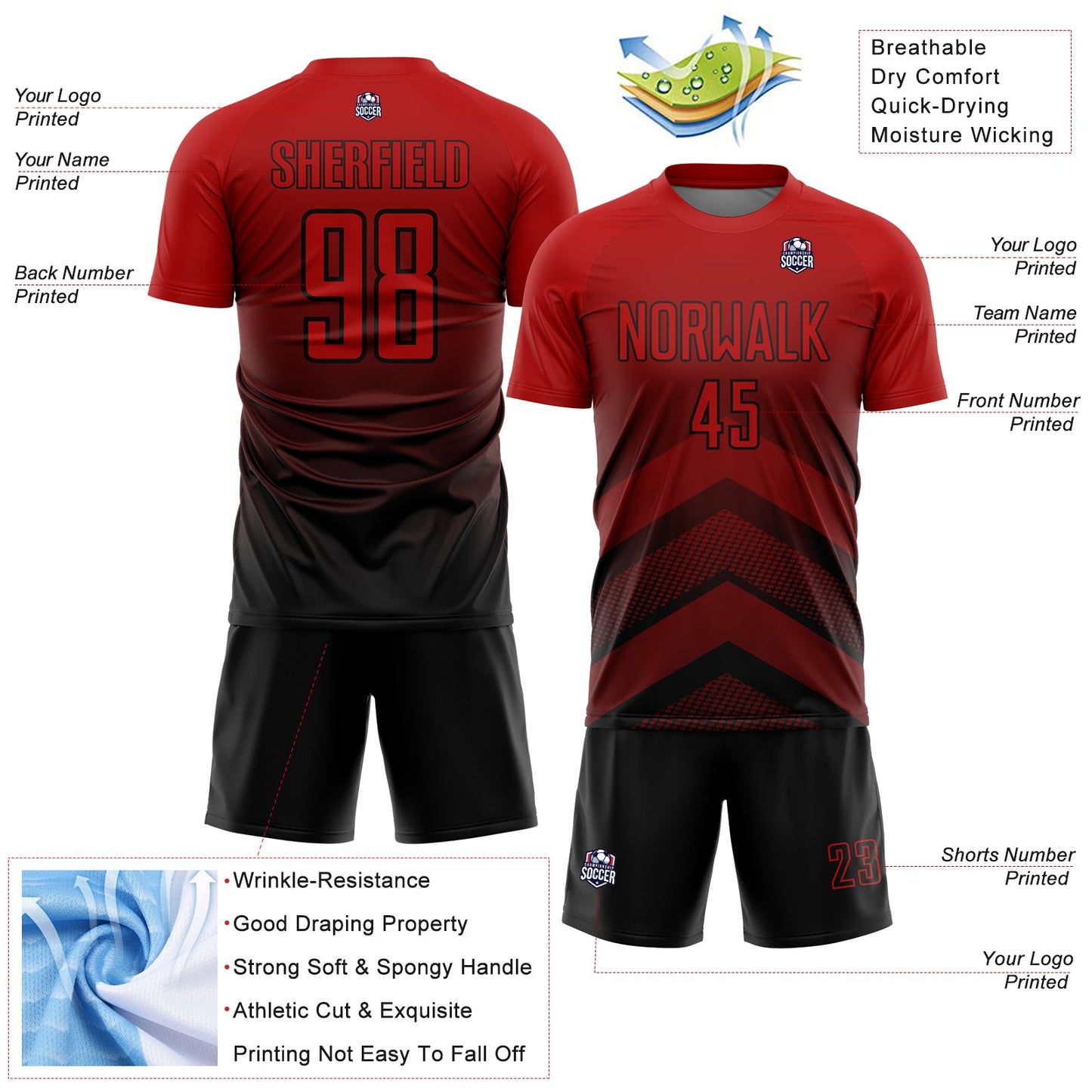 Custom Red Black Gradient Arrow Geometric Shapes Sublimation Soccer Uniform Jersey view 4