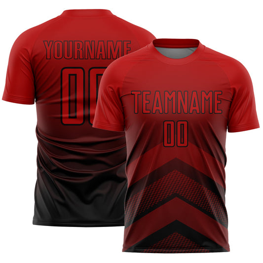Custom Red Black Gradient Arrow Geometric Shapes Sublimation Soccer Uniform Jersey - Main View