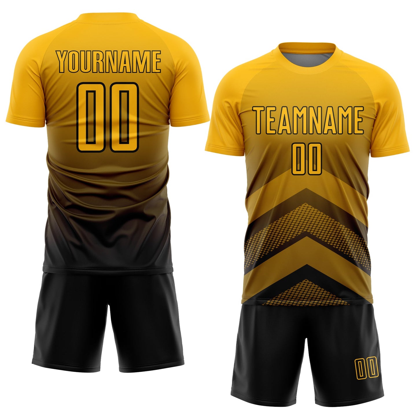 Custom Gold Black Gradient Arrow Geometric Shapes Sublimation Soccer Uniform Jersey view 2