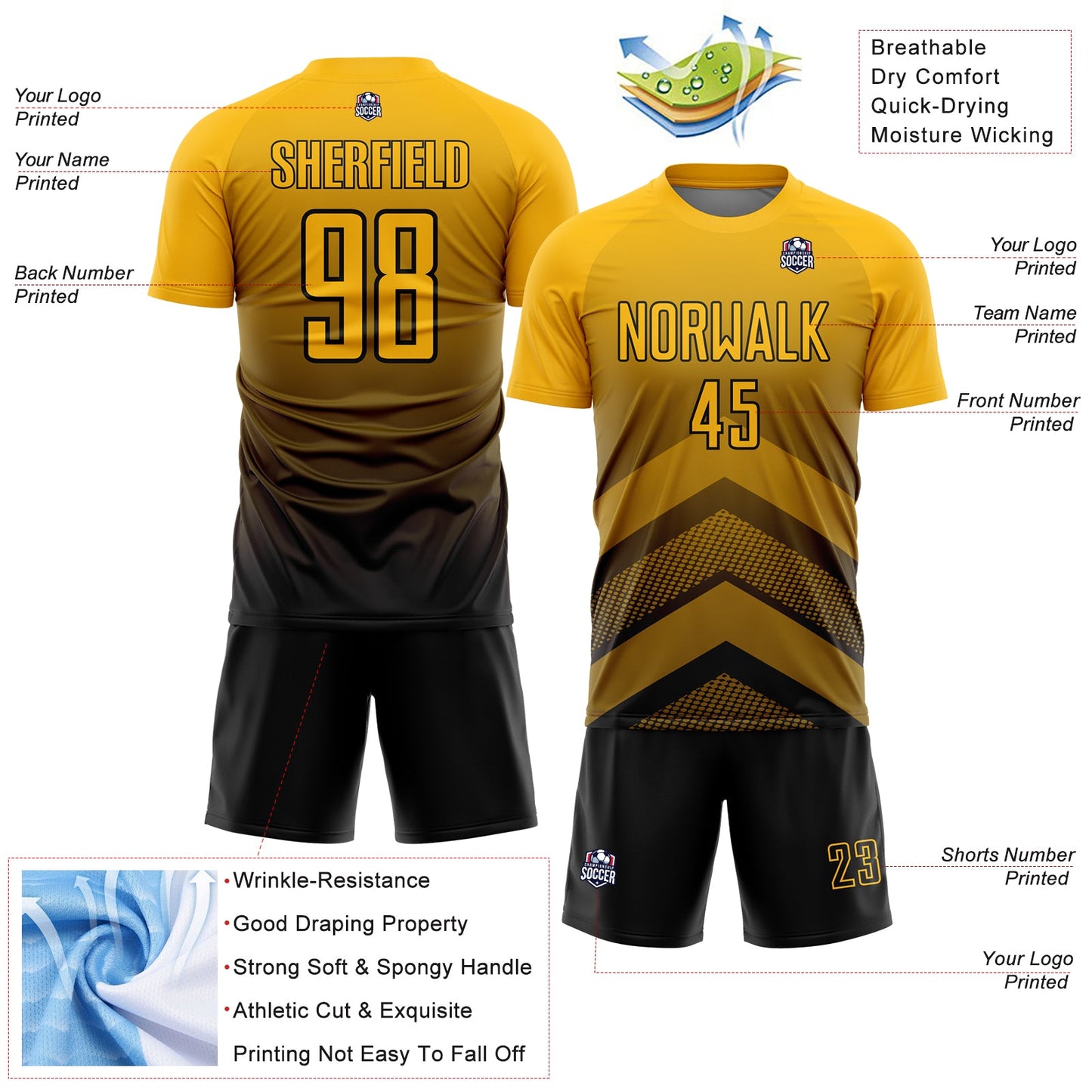 Custom Gold Black Gradient Arrow Geometric Shapes Sublimation Soccer Uniform Jersey view 4