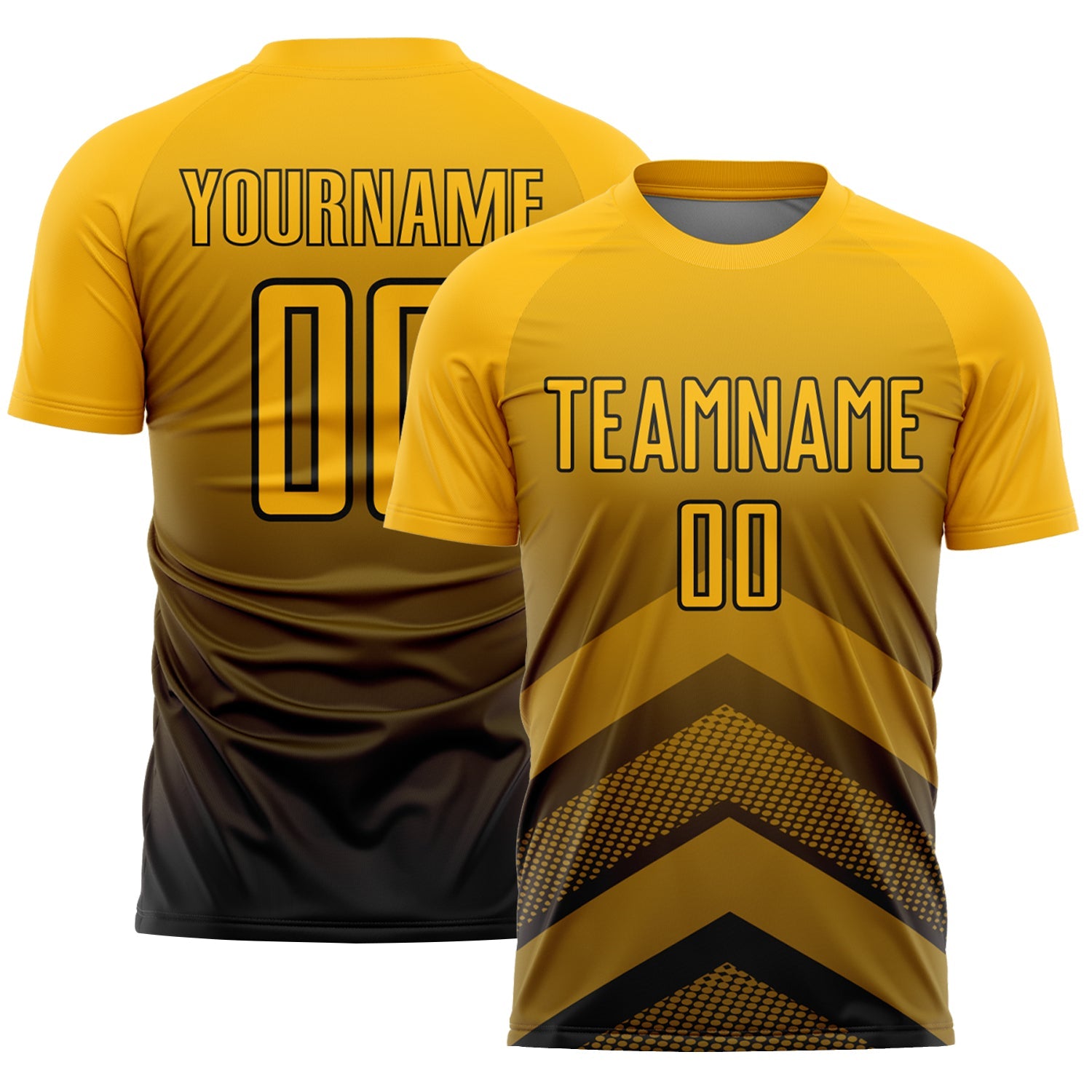 Custom Gold Black Gradient Arrow Geometric Shapes Sublimation Soccer Uniform Jersey - Main View