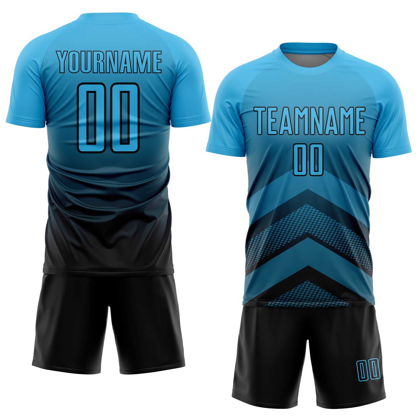 Custom Sky Blue Black Gradient Arrow Geometric Shapes Sublimation Soccer Uniform Jersey view 2