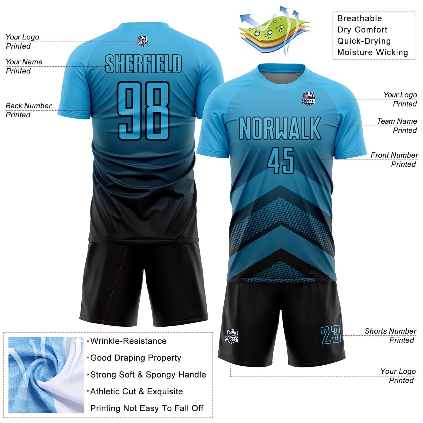 Custom Sky Blue Black Gradient Arrow Geometric Shapes Sublimation Soccer Uniform Jersey view 4