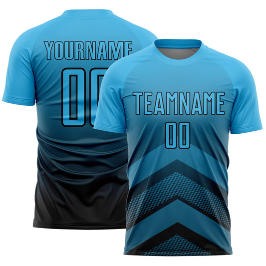 Custom Sky Blue Black Gradient Arrow Geometric Shapes Sublimation Soccer Uniform Jersey - Main View