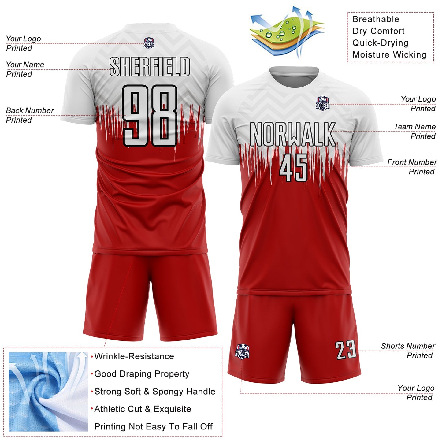 Custom White Red-Black Gradient Dripping Splatter Art Sublimation Soccer Uniform Jersey view 4