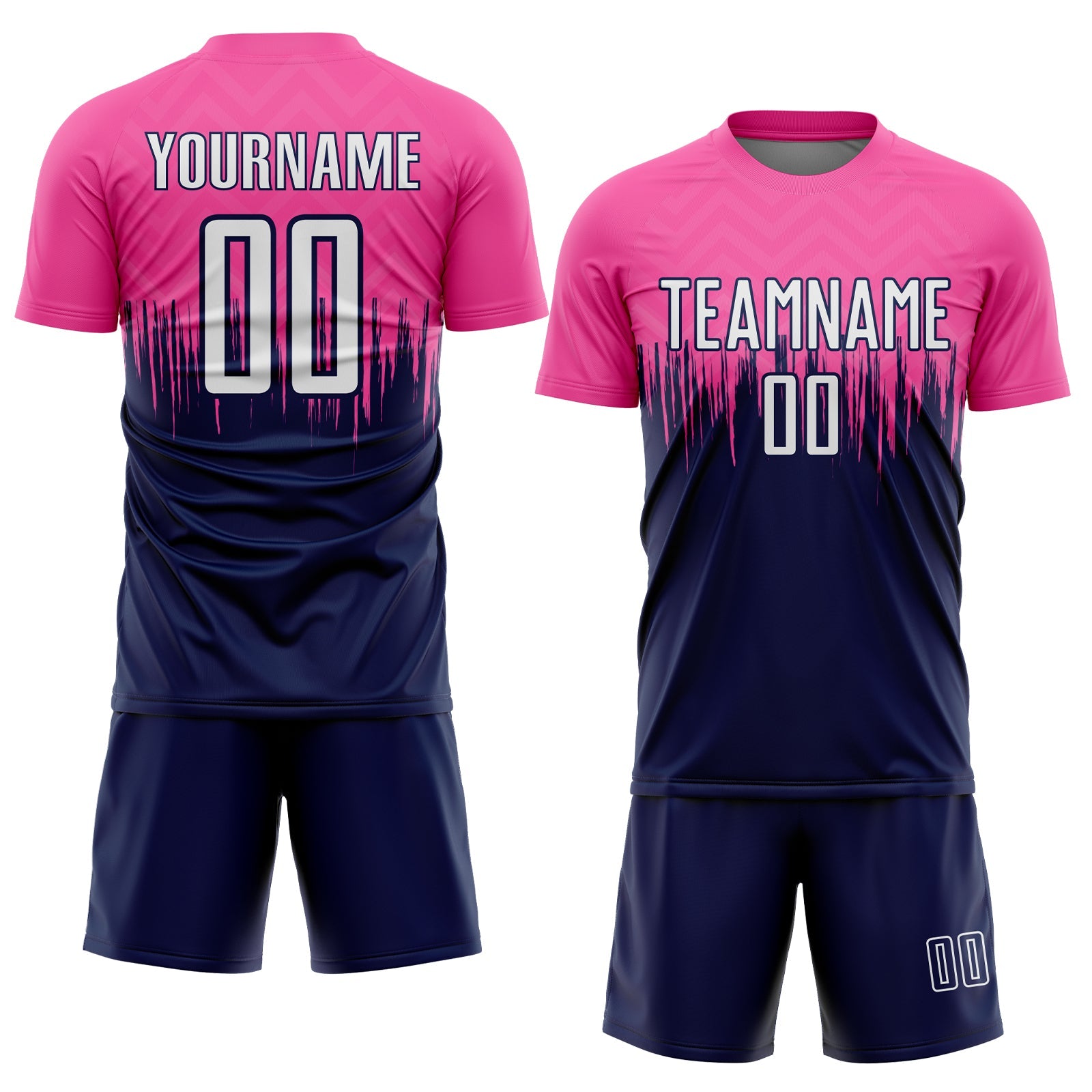 Custom Pink White-Navy Gradient Dripping Splatter Art Sublimation Soccer Uniform Jersey view 2