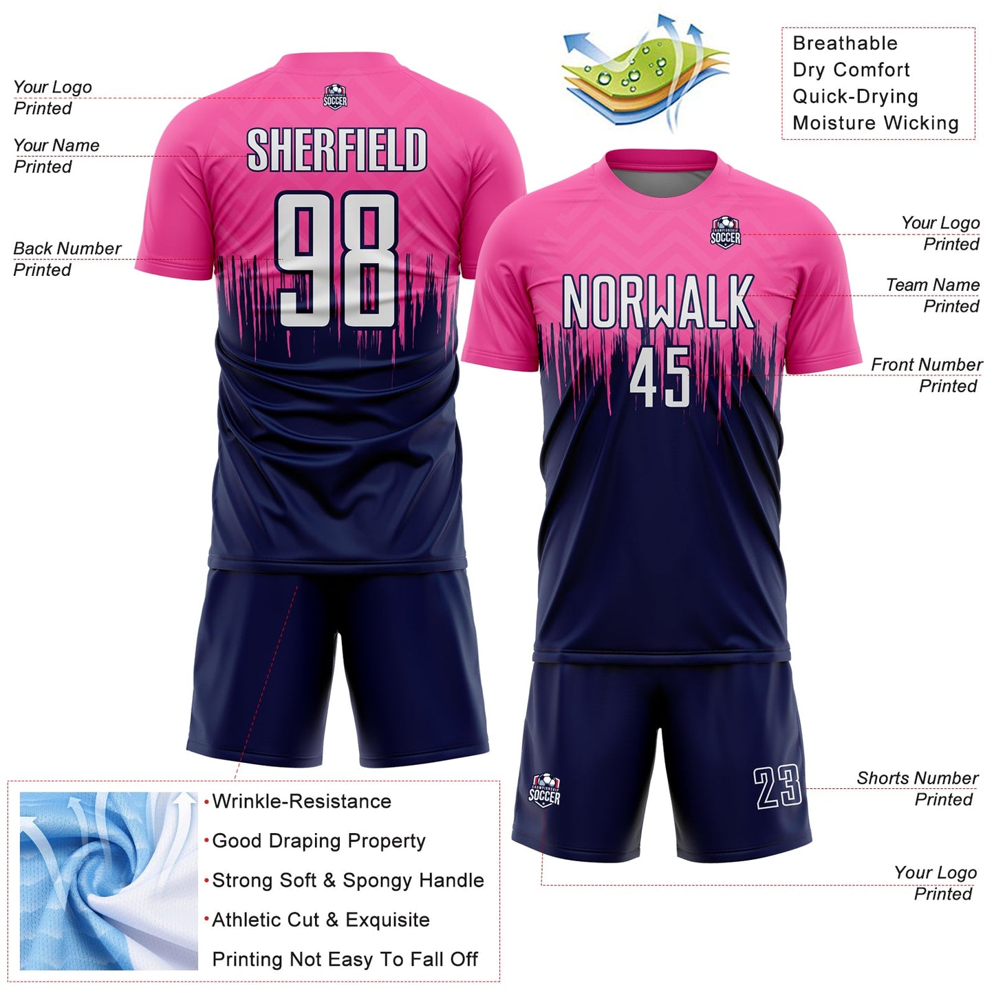 Custom Pink White-Navy Gradient Dripping Splatter Art Sublimation Soccer Uniform Jersey view 4