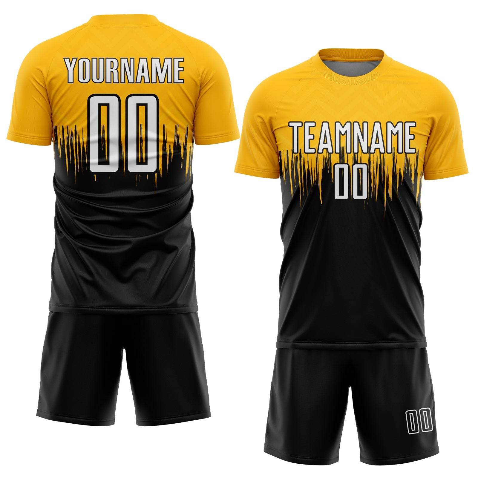 Custom Gold White-Black Gradient Dripping Splatter Art Sublimation Soccer Uniform Jersey view 2