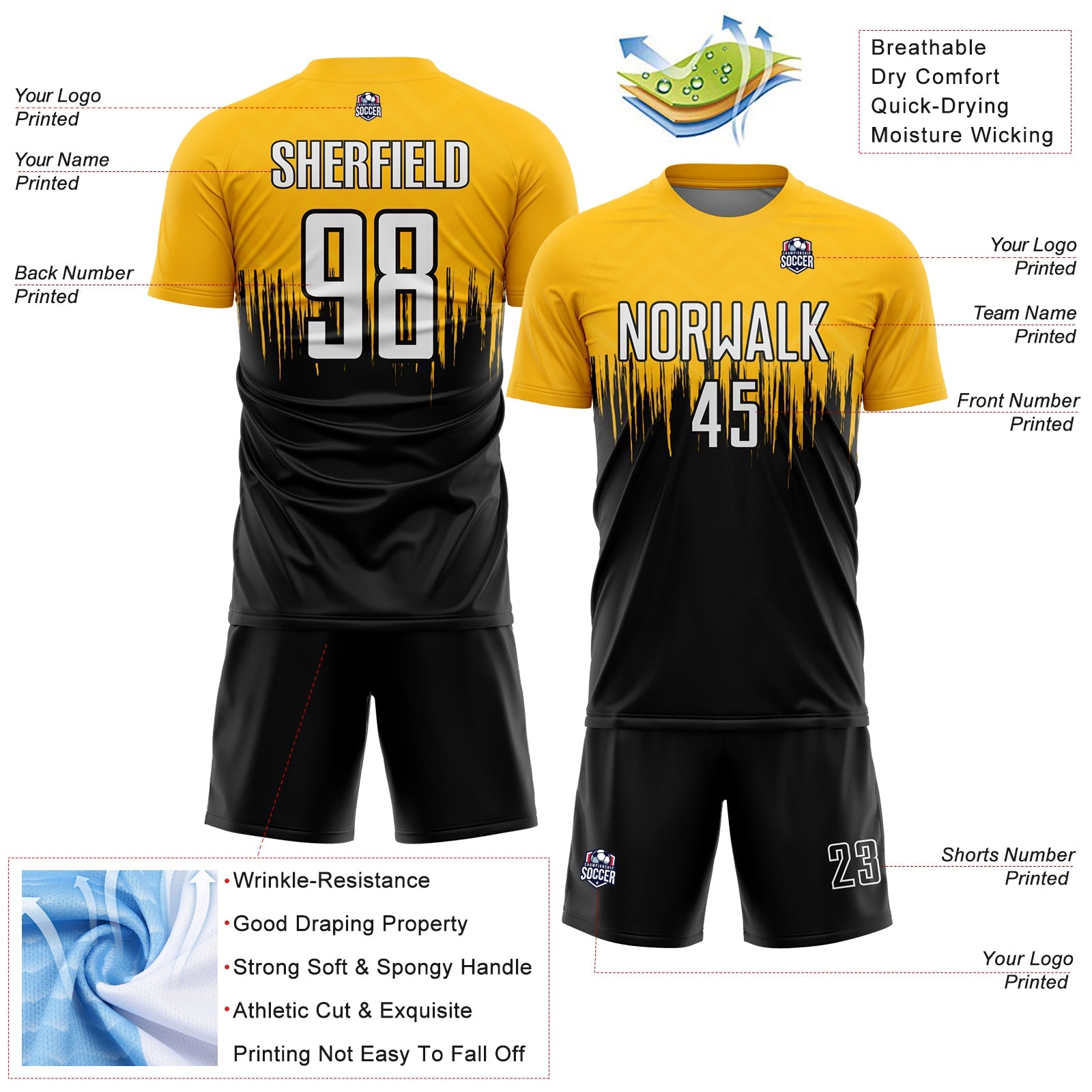 Custom Gold White-Black Gradient Dripping Splatter Art Sublimation Soccer Uniform Jersey view 4
