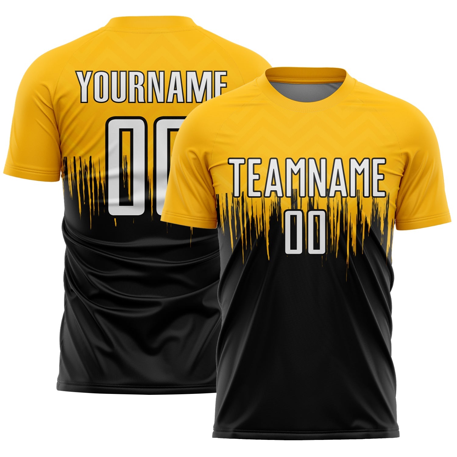 Custom Gold White-Black Gradient Dripping Splatter Art Sublimation Soccer Uniform Jersey - Main View