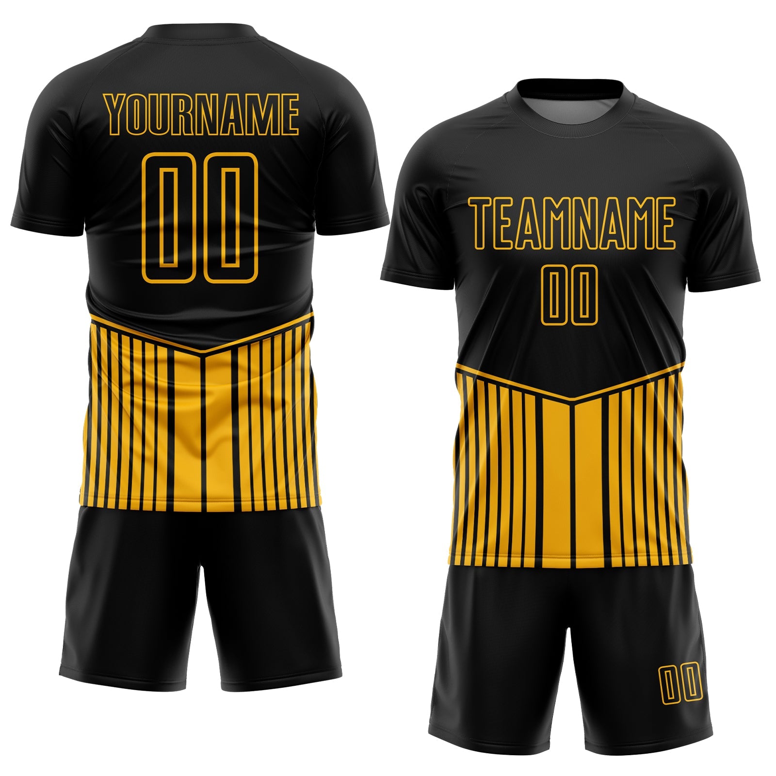 Custom Black Gold Stripe Line Sublimation Soccer Uniform Jersey view 2