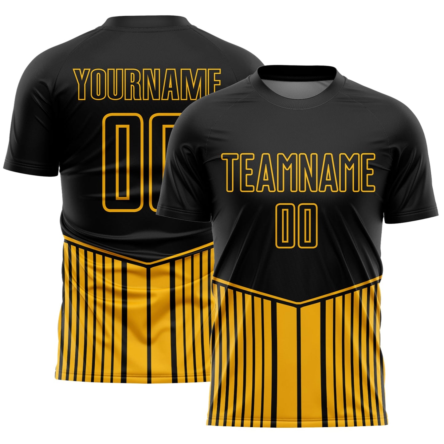 Custom Black Gold Stripe Line Sublimation Soccer Uniform Jersey - Main View