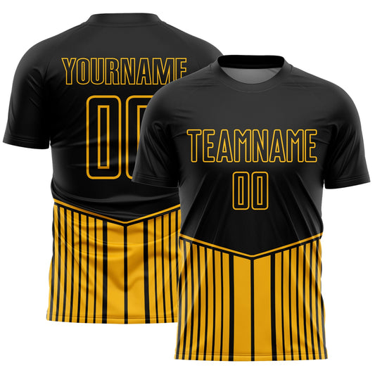 Custom Black Gold Stripe Line Sublimation Soccer Uniform Jersey - Main View