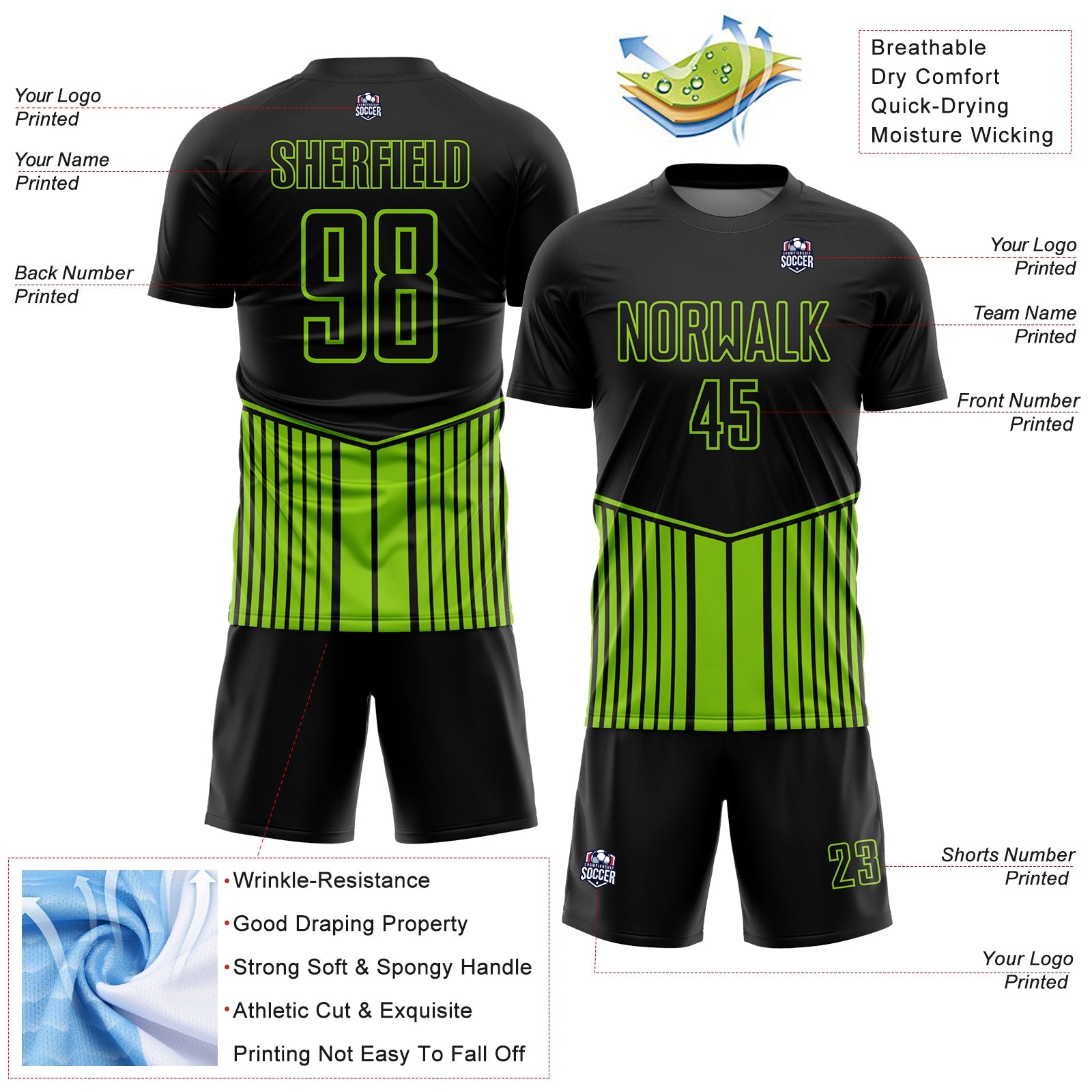 Custom Black Neon Green Stripe Line Sublimation Soccer Uniform Jersey view 4