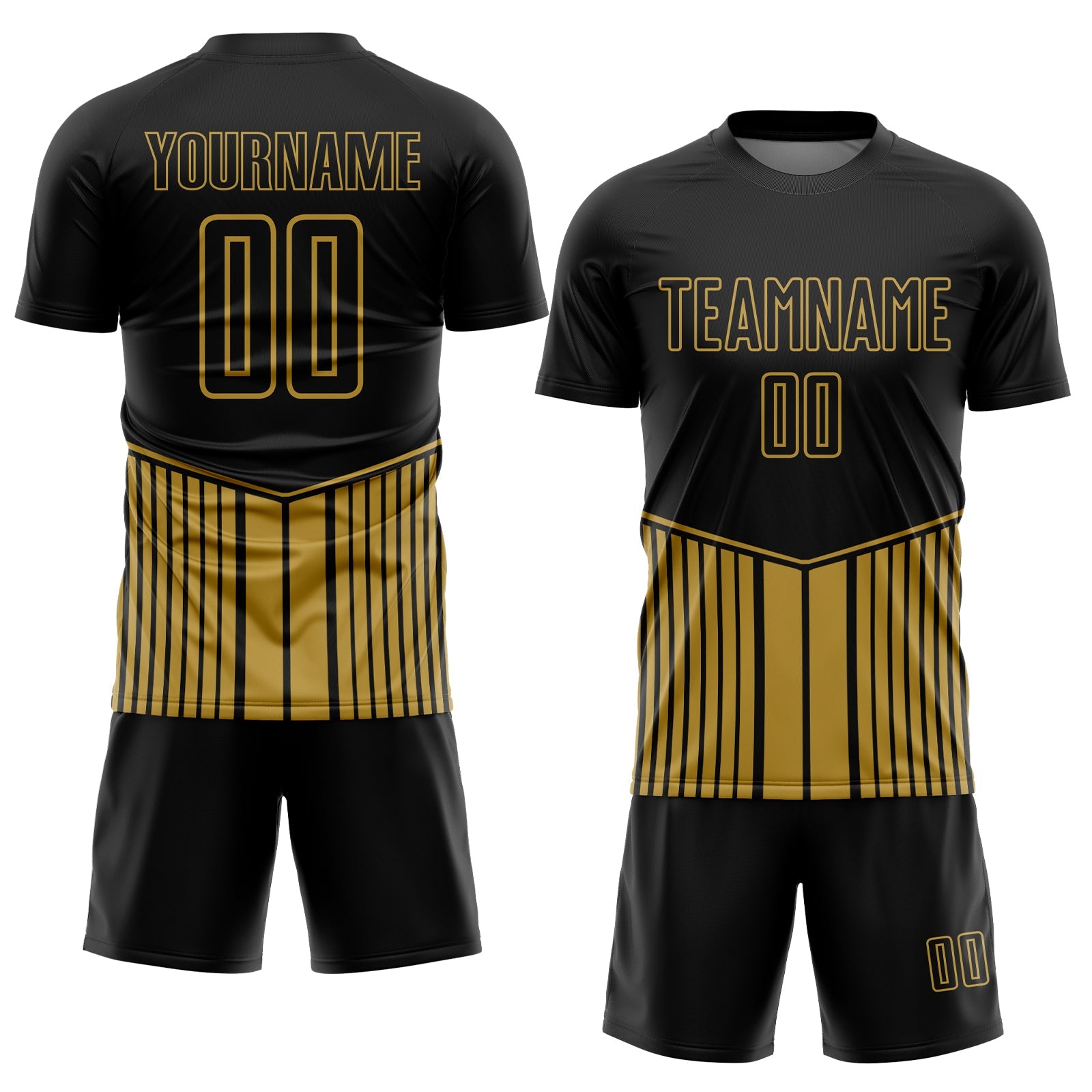 Custom Black Old Gold Stripe Line Sublimation Soccer Uniform Jersey view 2