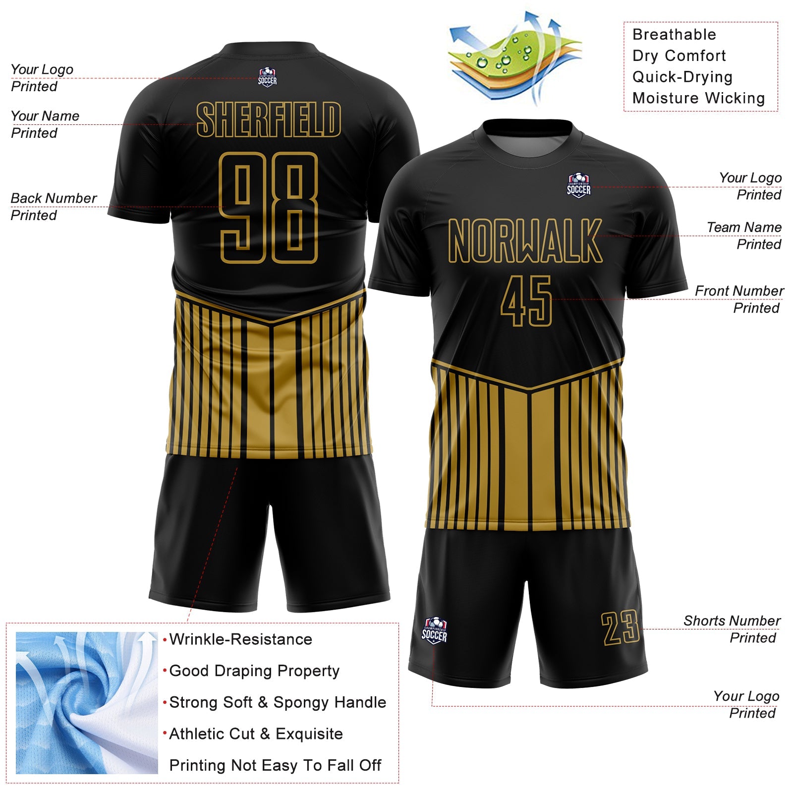 Custom Black Old Gold Stripe Line Sublimation Soccer Uniform Jersey view 4
