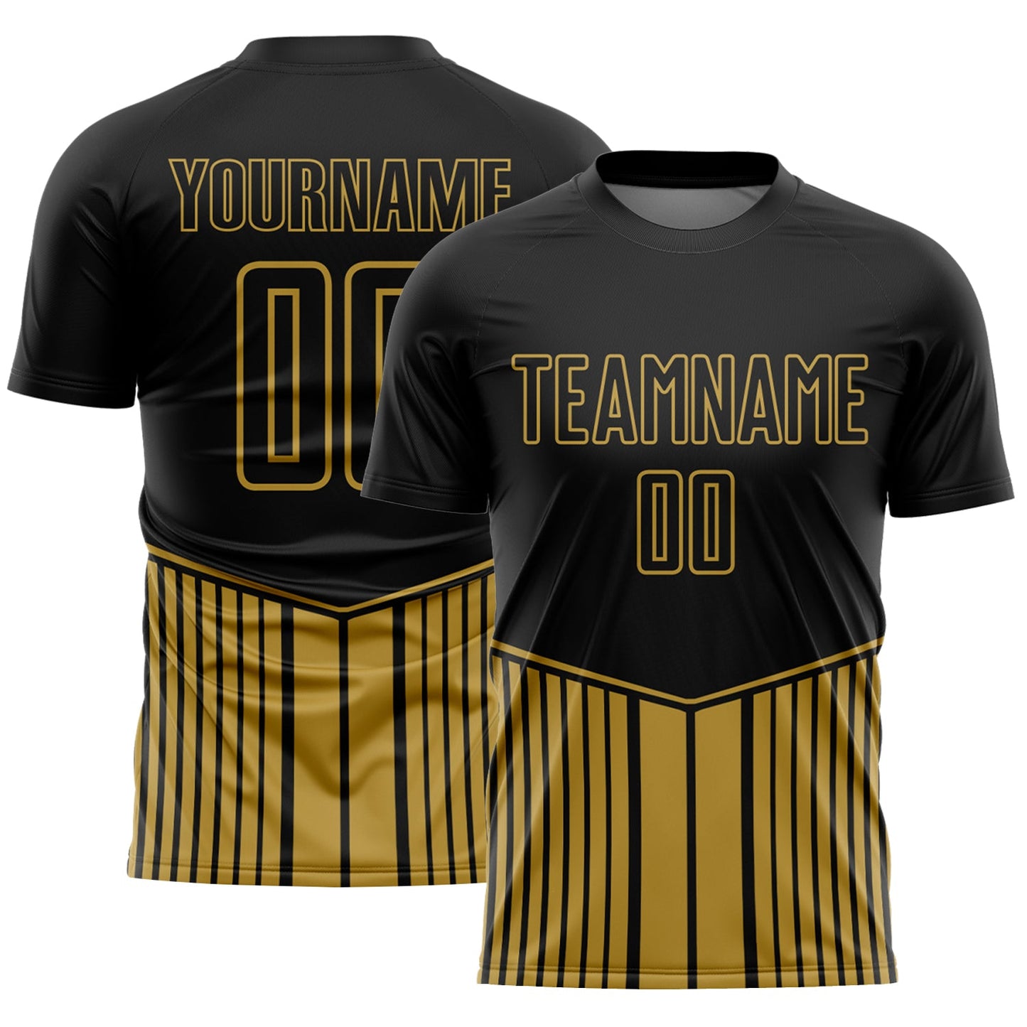 Custom Black Old Gold Stripe Line Sublimation Soccer Uniform Jersey - Main View