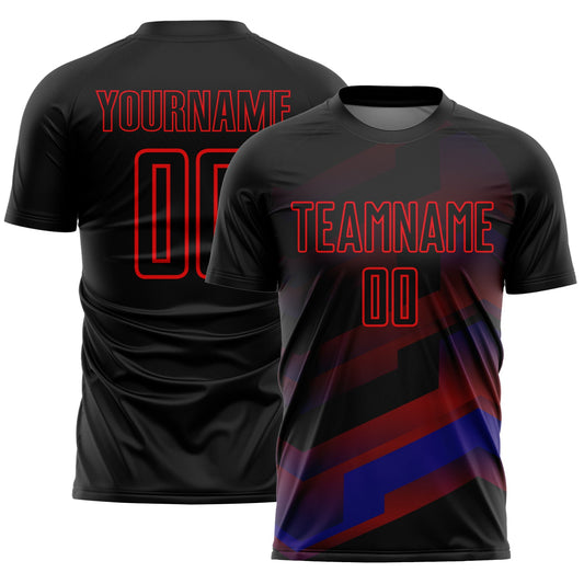 Custom Black Fire Red Gradient Arrow Geometric Shapes Sublimation Soccer Uniform Jersey - Main View