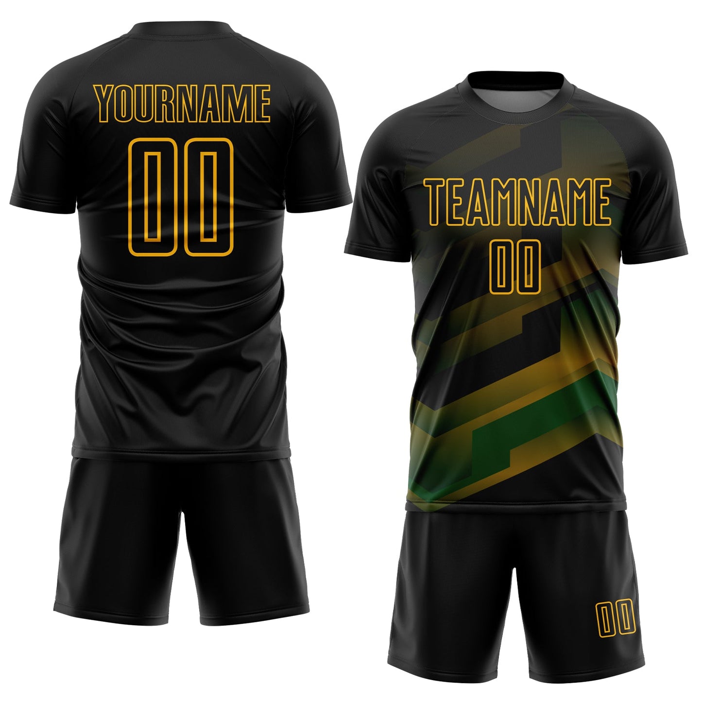 Custom Black Gold Gradient Arrow Geometric Shapes Sublimation Soccer Uniform Jersey view 2