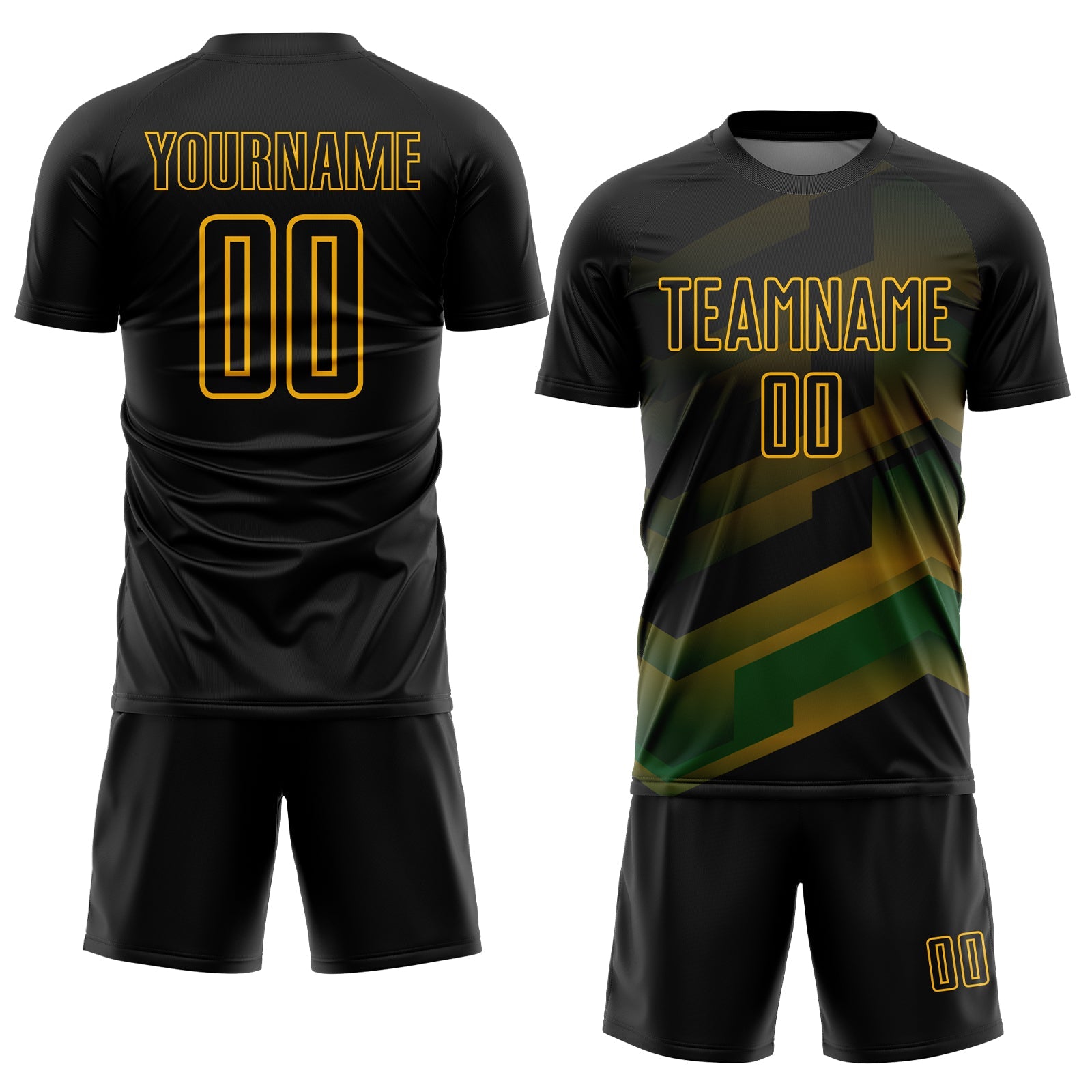 Custom Black Gold Gradient Arrow Geometric Shapes Sublimation Soccer Uniform Jersey view 2