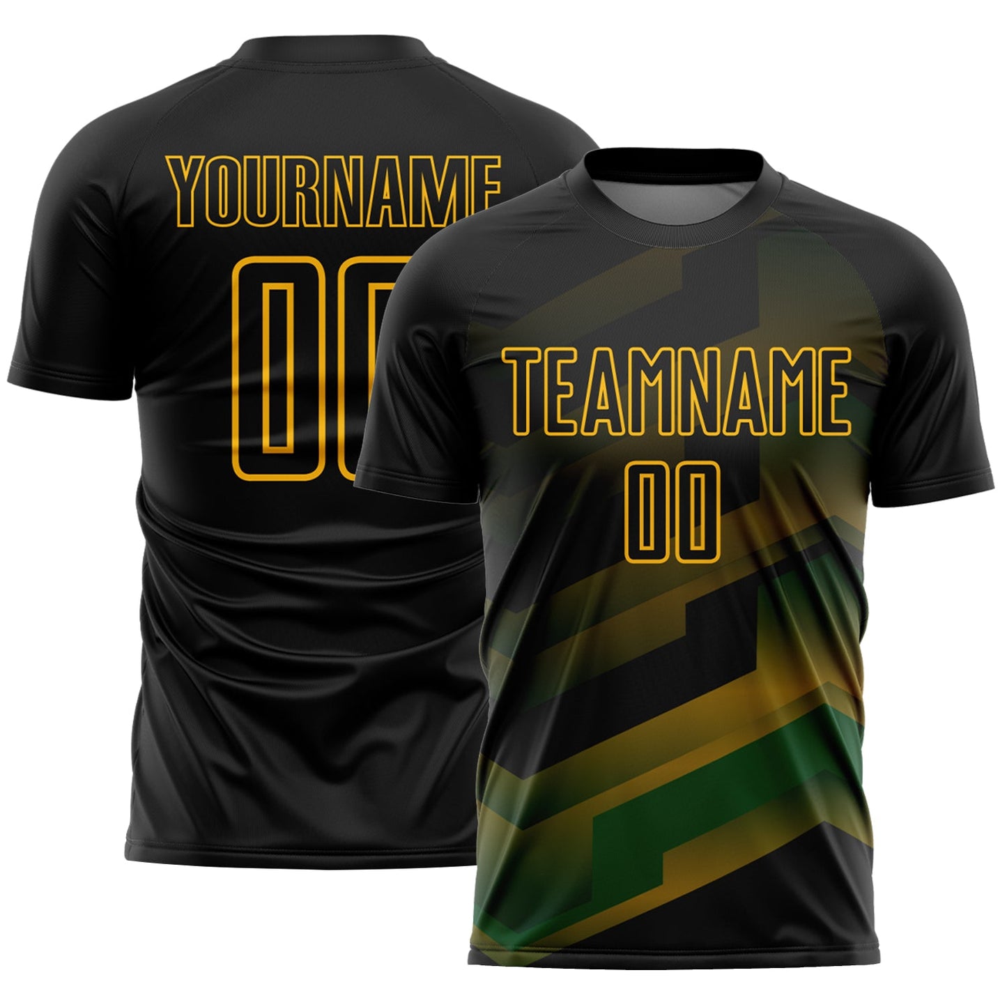Custom Black Gold Gradient Arrow Geometric Shapes Sublimation Soccer Uniform Jersey - Main View