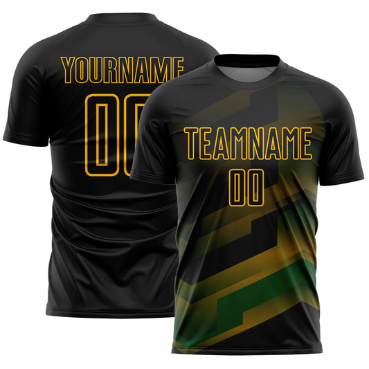 Custom Black Gold Gradient Arrow Geometric Shapes Sublimation Soccer Uniform Jersey - Main View