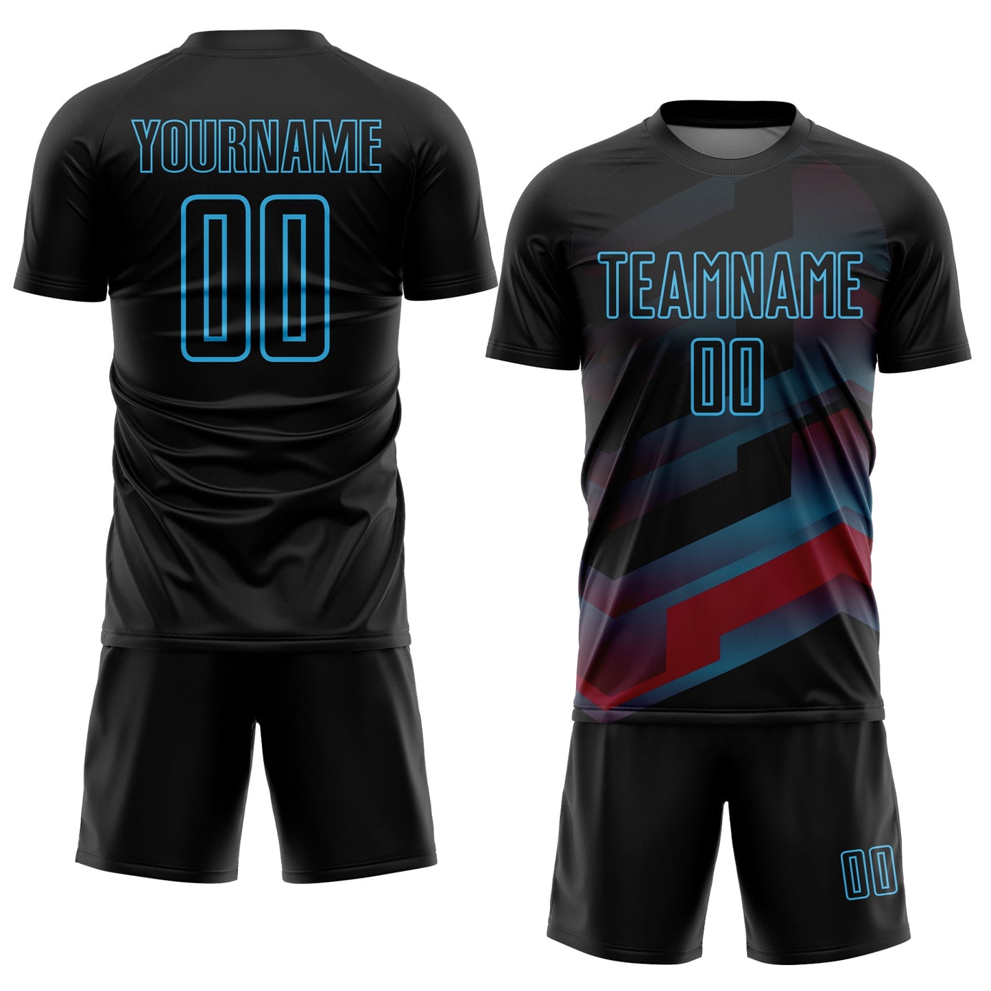 Custom Black Sky Blue Gradient Arrow Geometric Shapes Sublimation Soccer Uniform Jersey view 2
