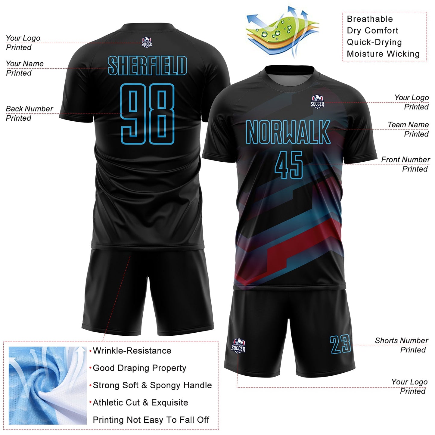 Custom Black Sky Blue Gradient Arrow Geometric Shapes Sublimation Soccer Uniform Jersey view 4