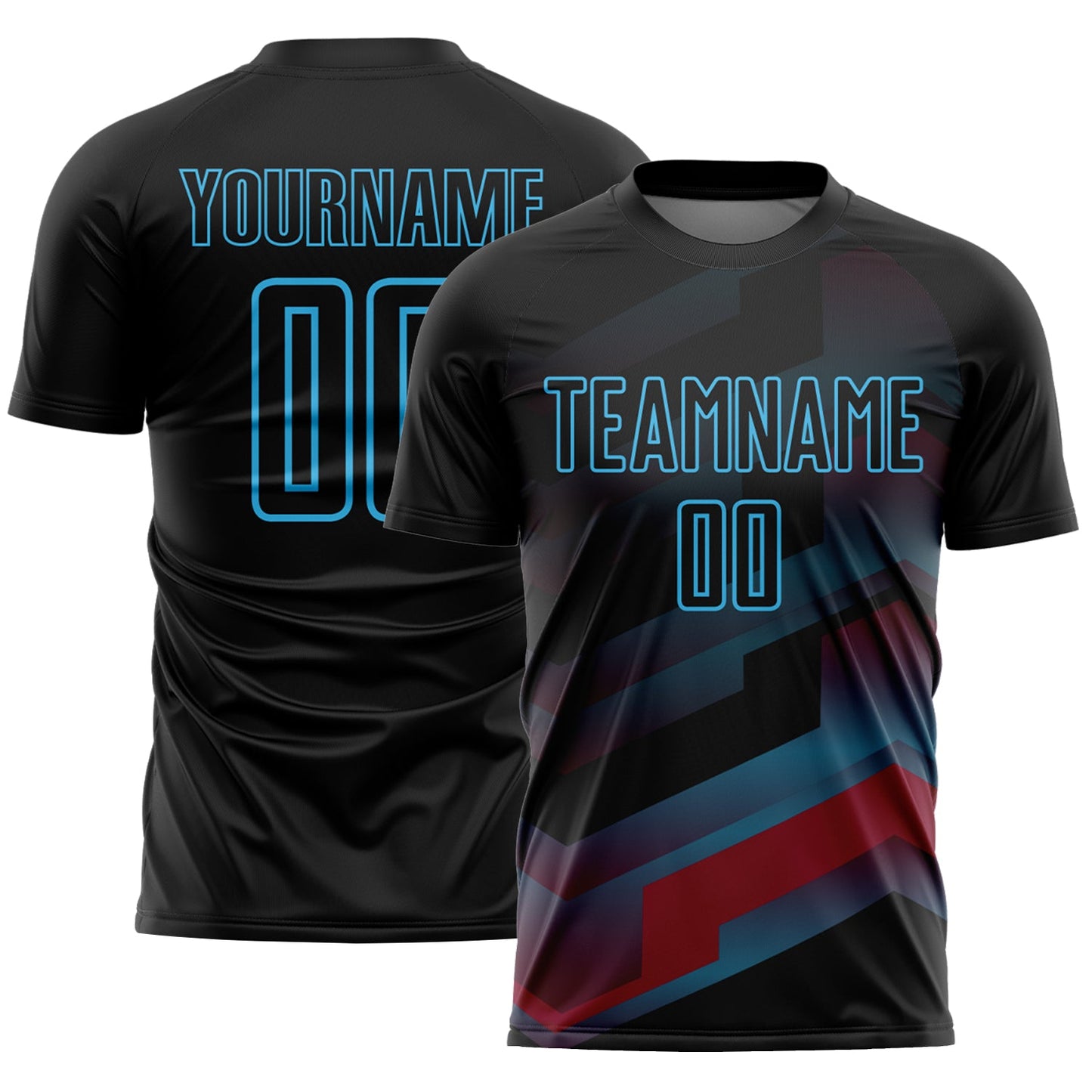 Custom Black Sky Blue Gradient Arrow Geometric Shapes Sublimation Soccer Uniform Jersey - Main View