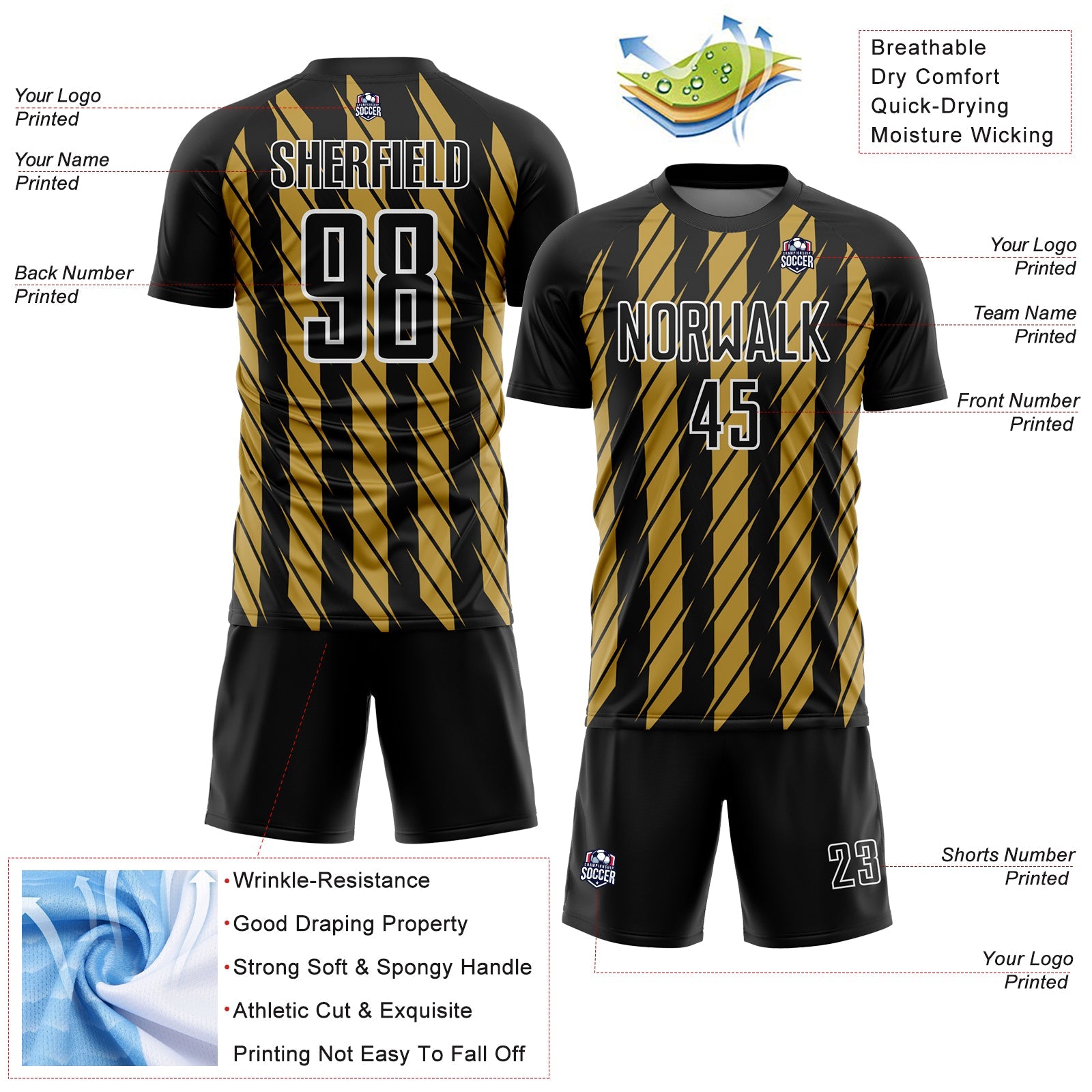 Custom Black Old Gold-White Stripe Line Sublimation Soccer Uniform Jersey view 4
