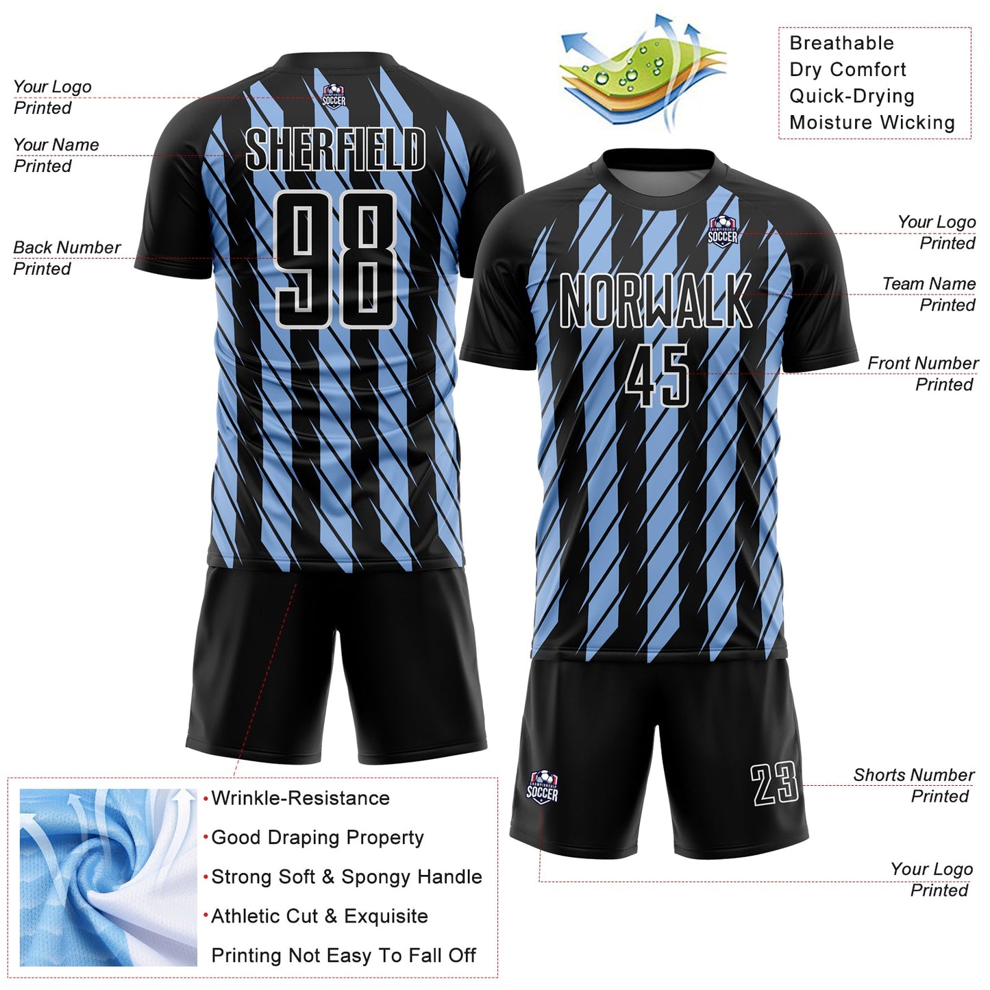 Custom Black Light Blue-White Stripe Line Sublimation Soccer Uniform Jersey view 4