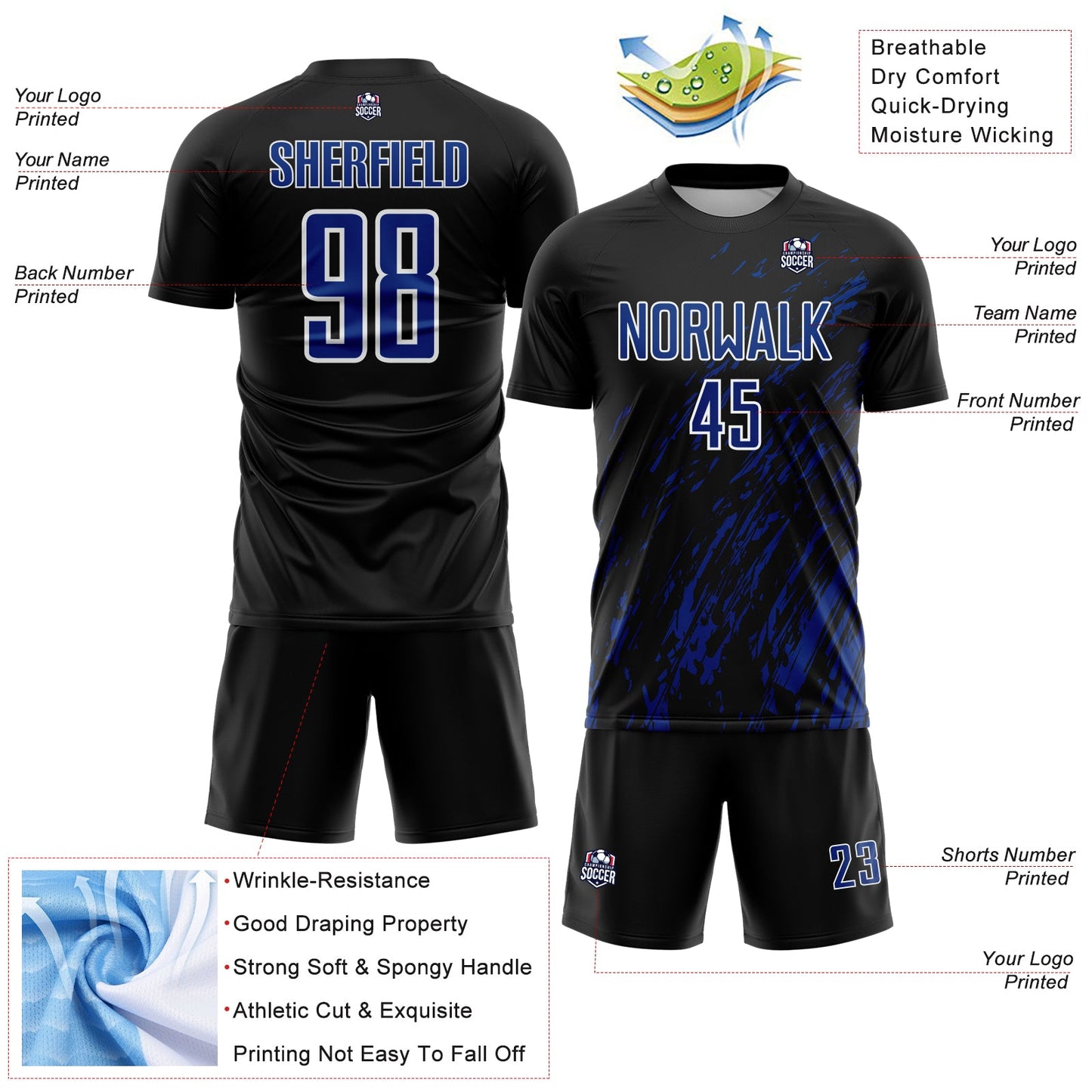 Custom Black Royal-White Splash Sublimation Soccer Uniform Jersey view 4