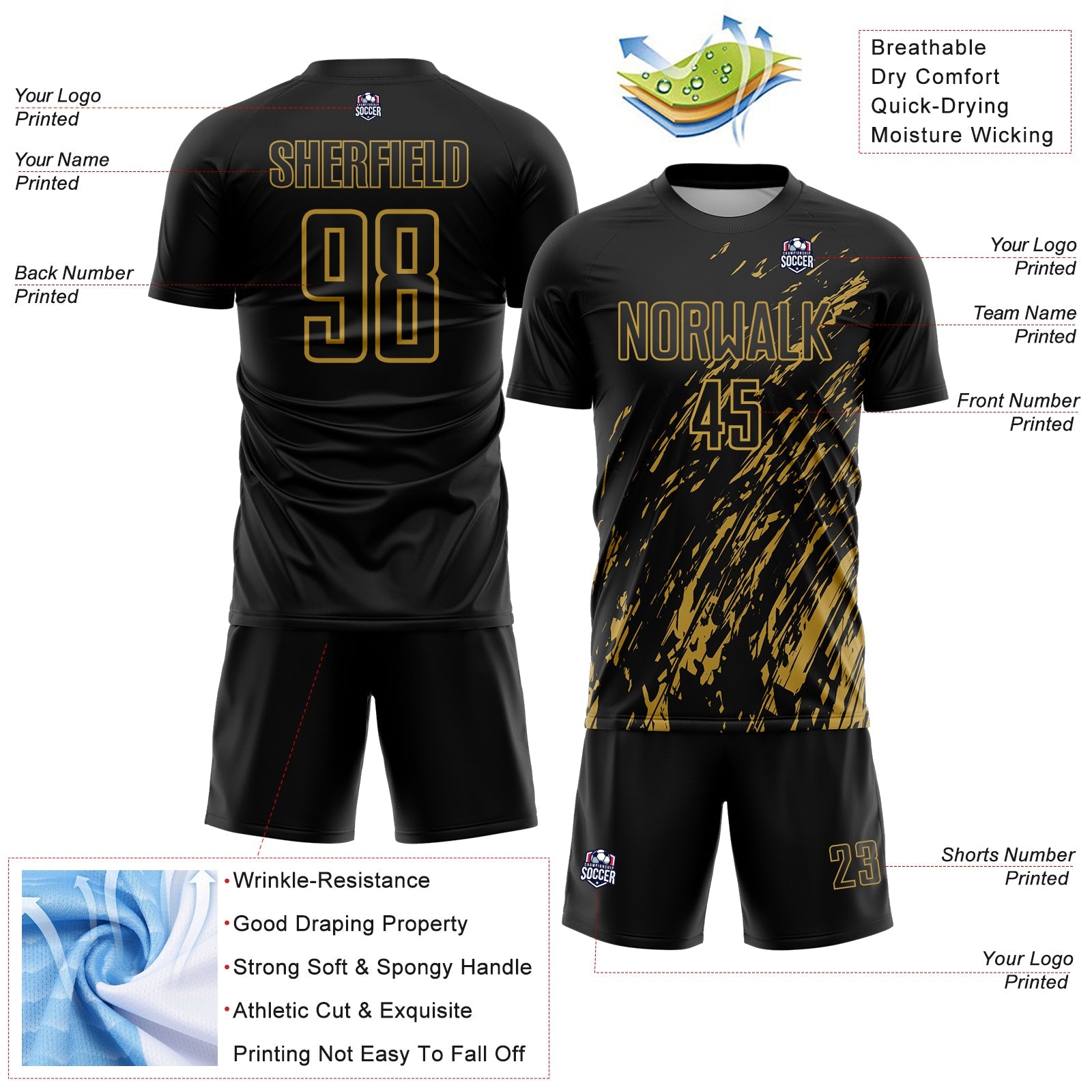 Custom Black Old Gold Splash Sublimation Soccer Uniform Jersey view 4