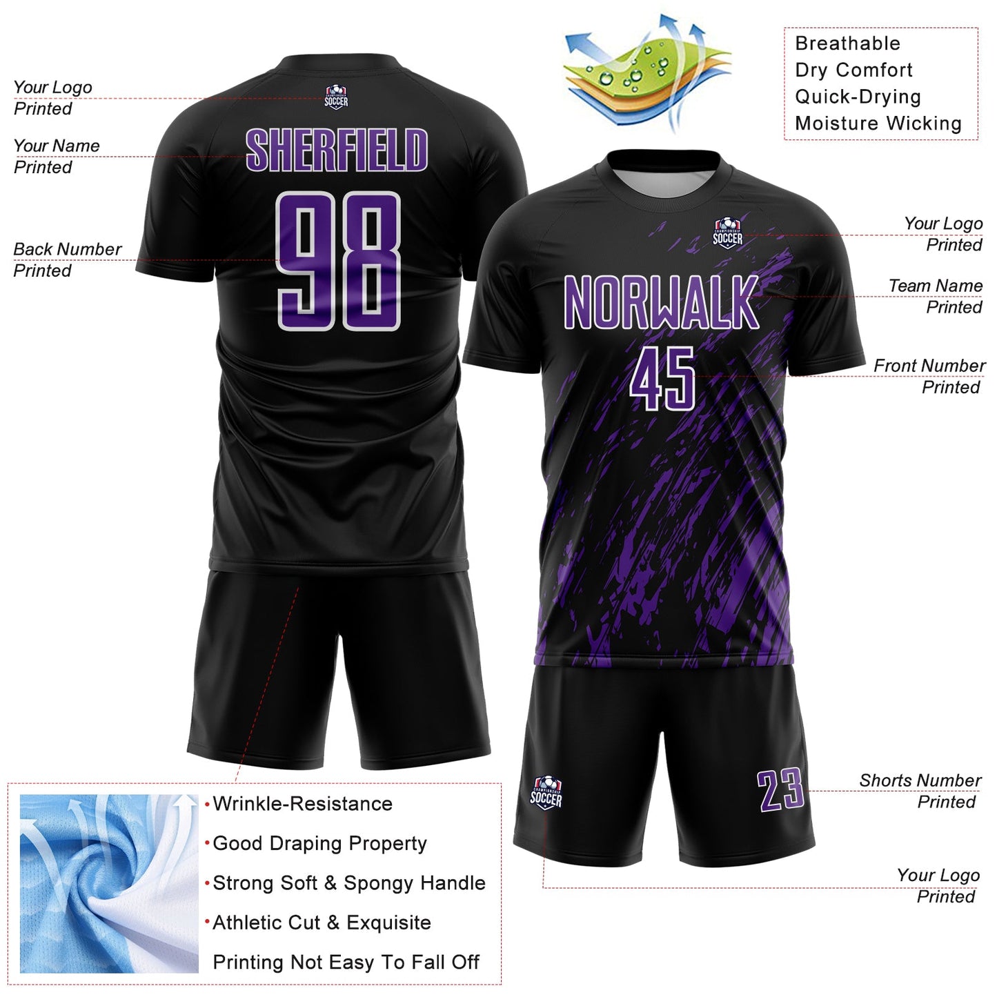 Custom Black Purple-White Splash Sublimation Soccer Uniform Jersey view 4