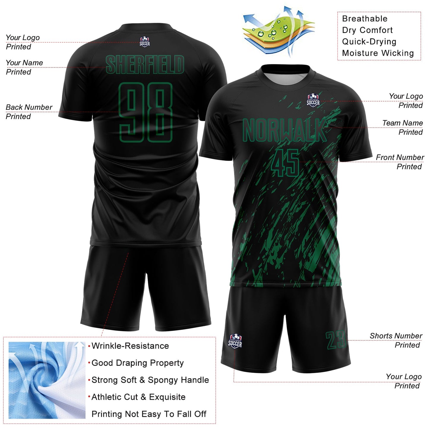 Custom Black Kelly Green Splash Sublimation Soccer Uniform Jersey view 4
