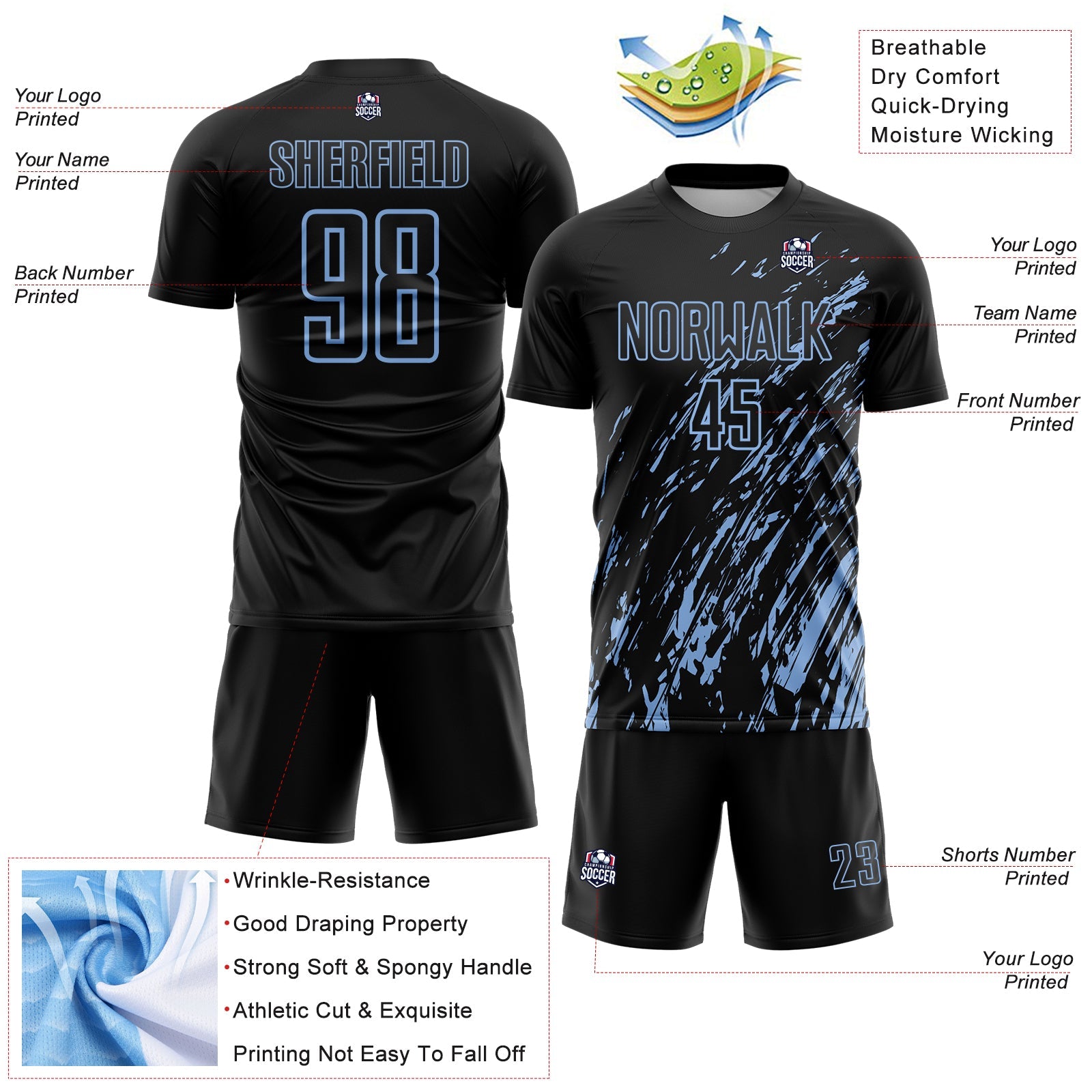 Custom Black Light Blue Splash Sublimation Soccer Uniform Jersey view 4