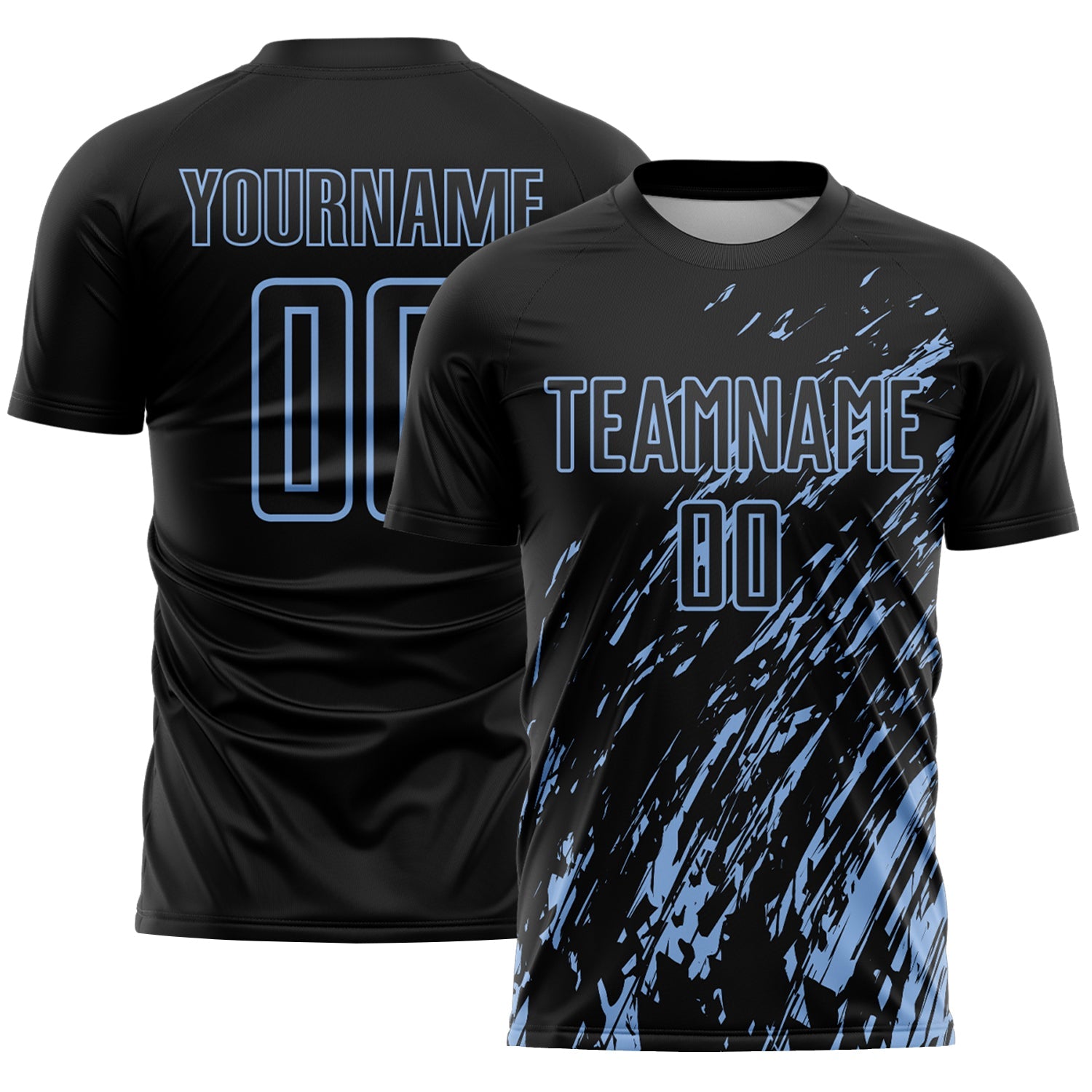 Custom Black Light Blue Splash Sublimation Soccer Uniform Jersey - Main View