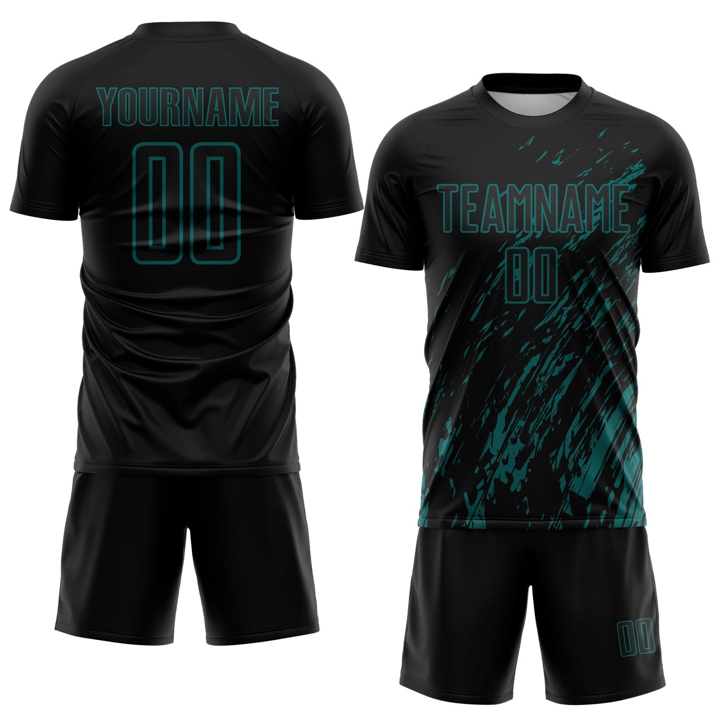 Custom Black Teal Splash Sublimation Soccer Uniform Jersey view 2