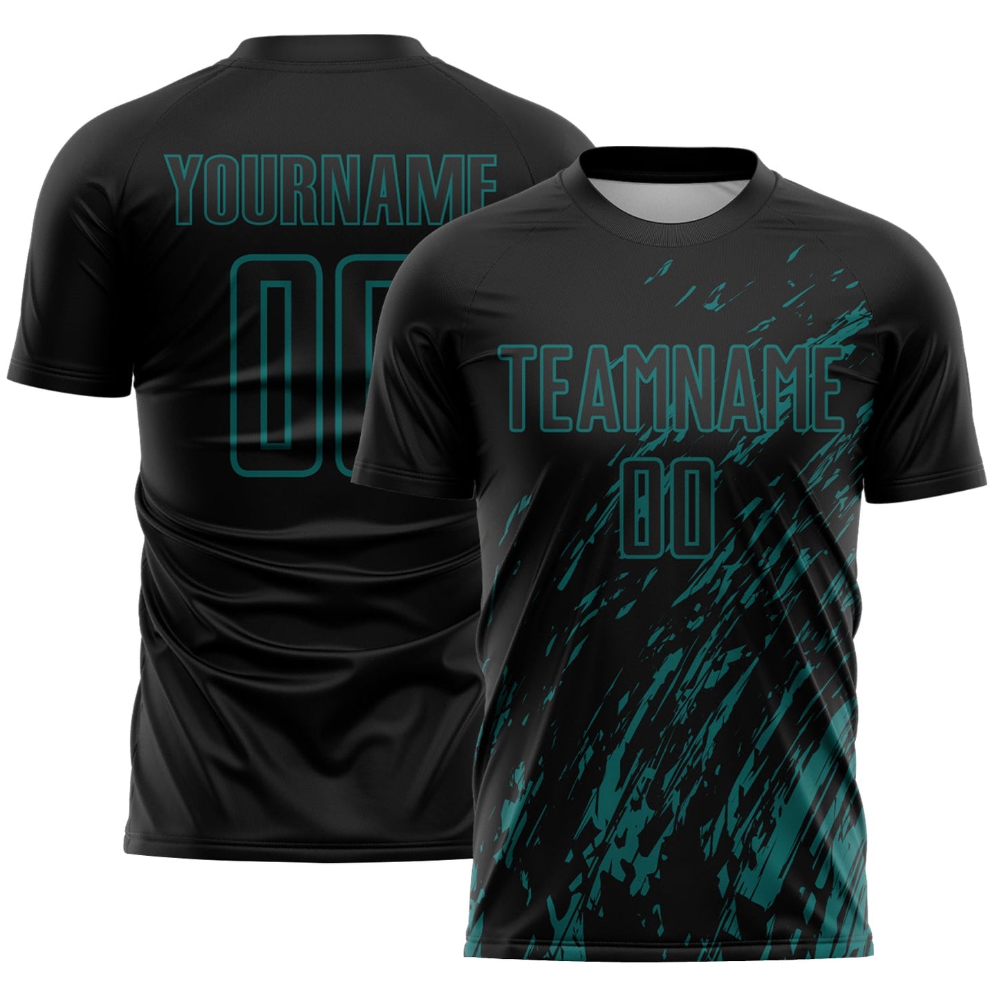 Custom Black Teal Splash Sublimation Soccer Uniform Jersey - Main View
