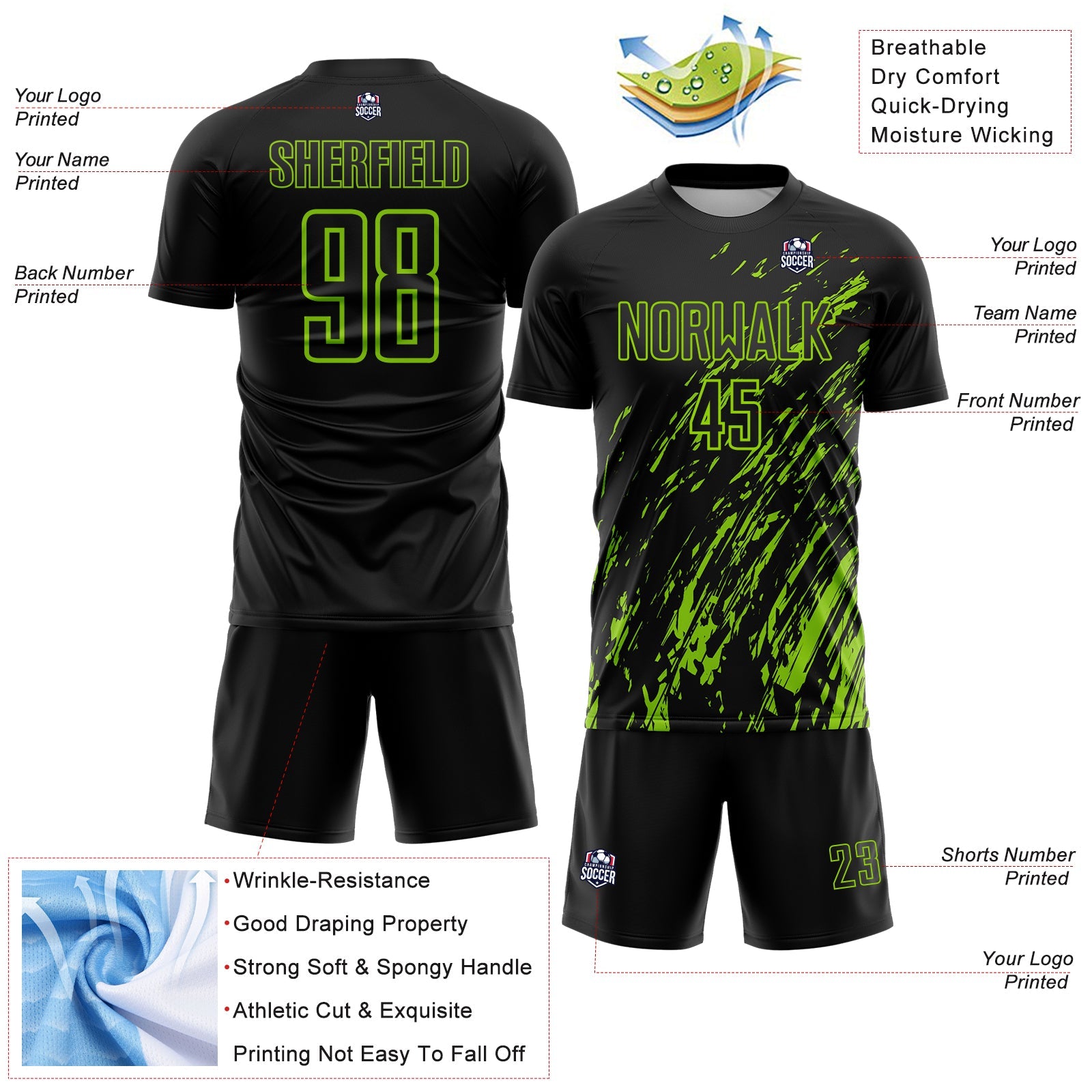 Custom Black Neon Green Splash Sublimation Soccer Uniform Jersey view 4