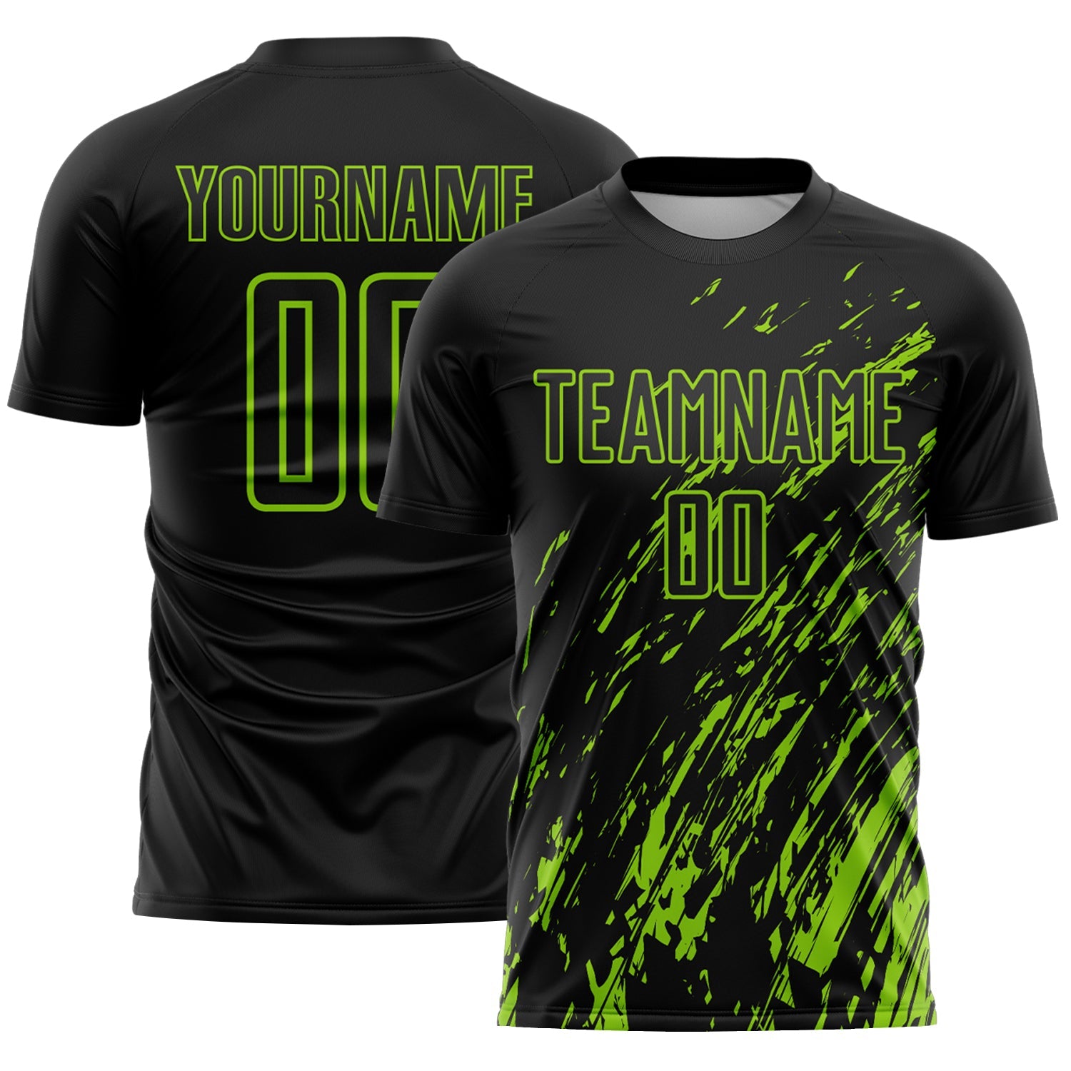 Custom Black Neon Green Splash Sublimation Soccer Uniform Jersey - Main View