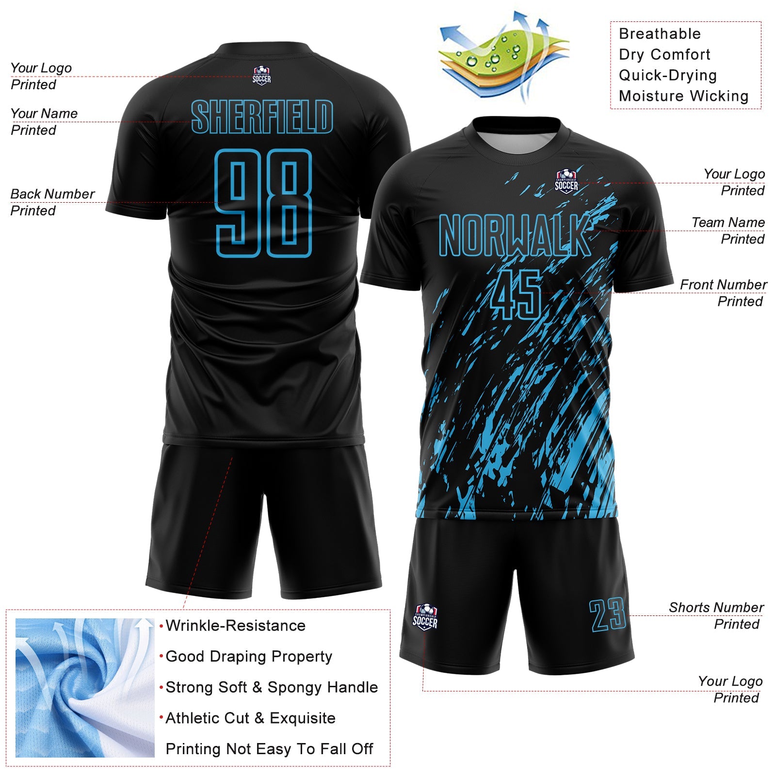 Custom Black Sky Blue Splash Sublimation Soccer Uniform Jersey view 4