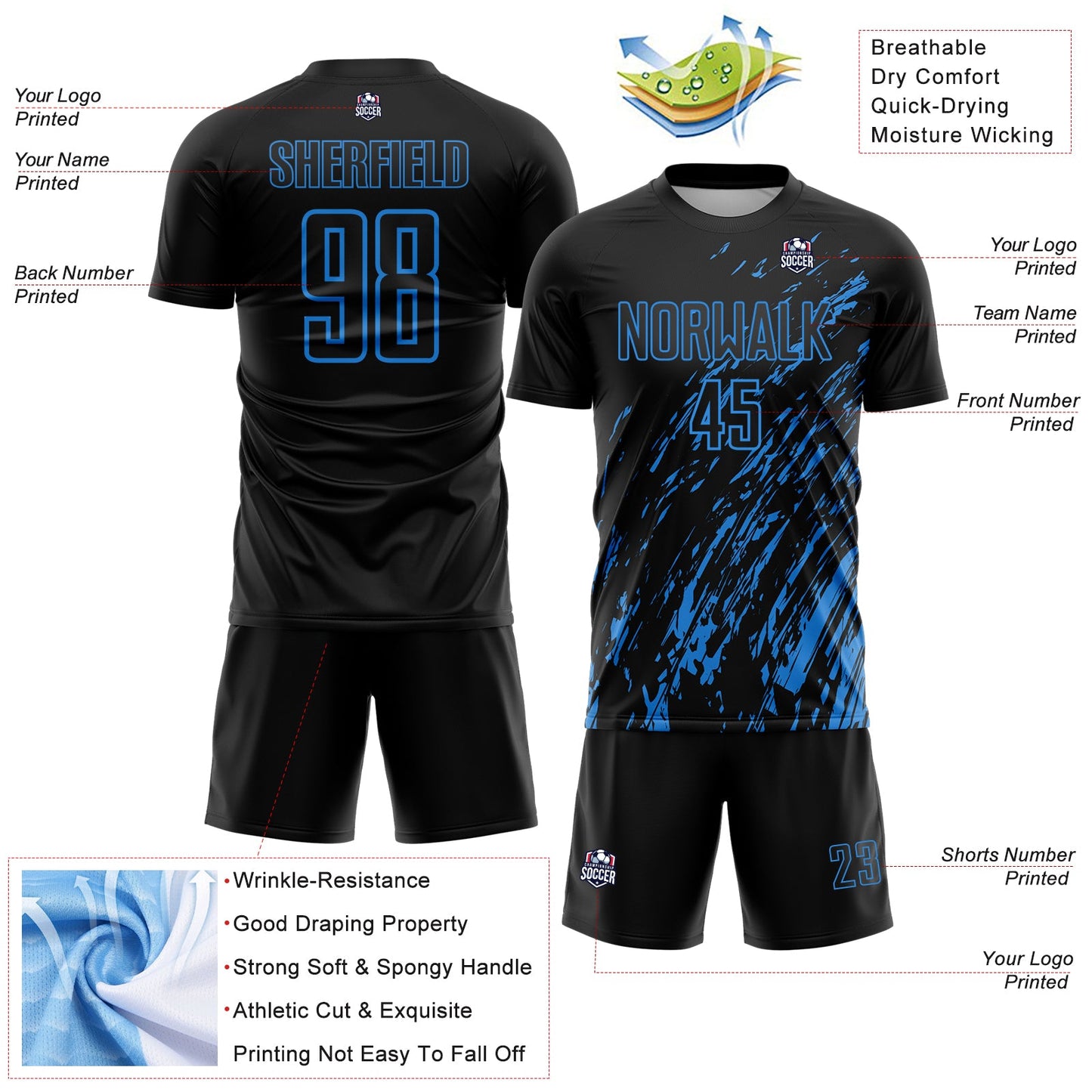 Custom Black Powder Blue Splash Sublimation Soccer Uniform Jersey view 4
