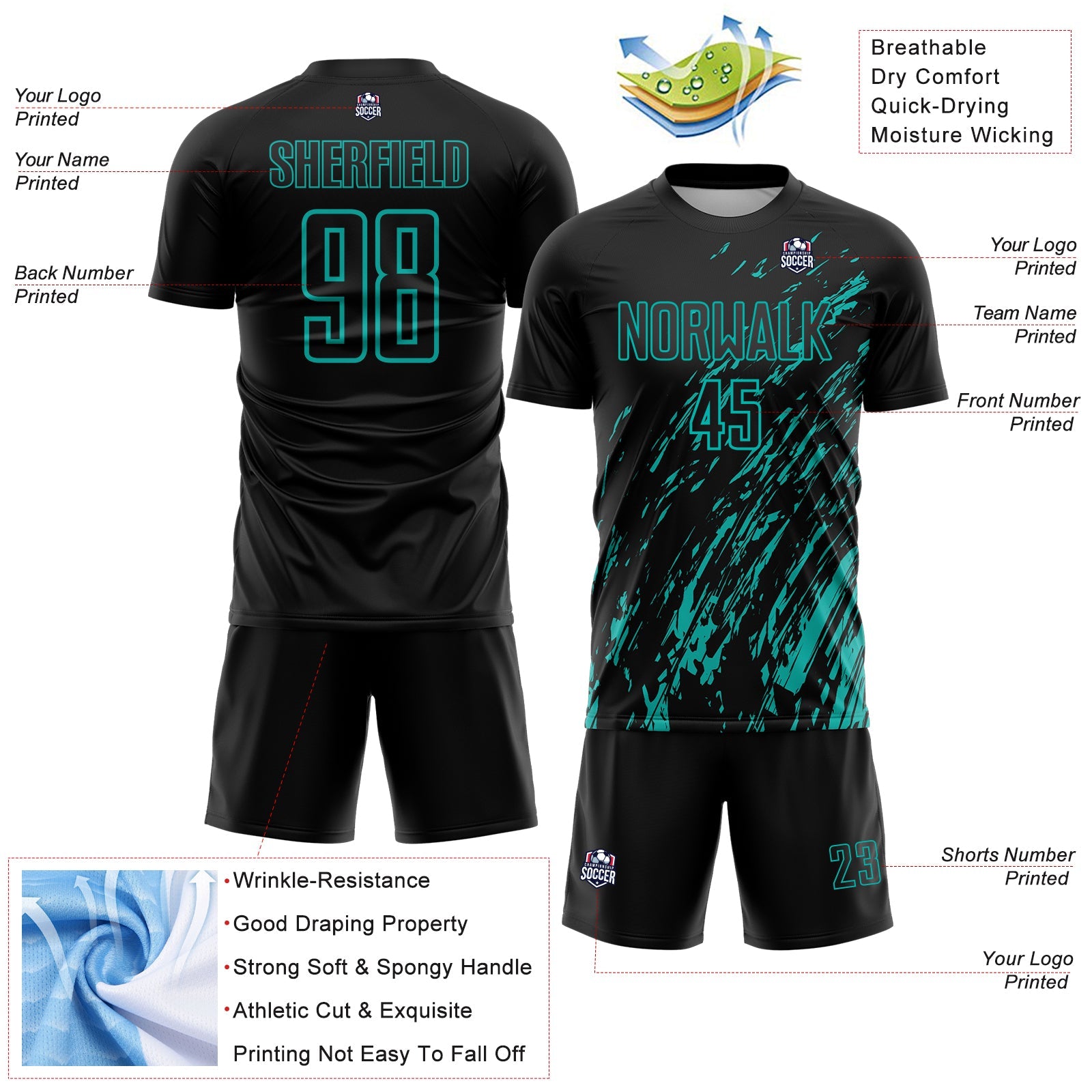 Custom Black Aqua Splash Sublimation Soccer Uniform Jersey view 4