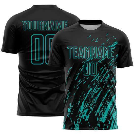 Custom Black Aqua Splash Sublimation Soccer Uniform Jersey - Main View
