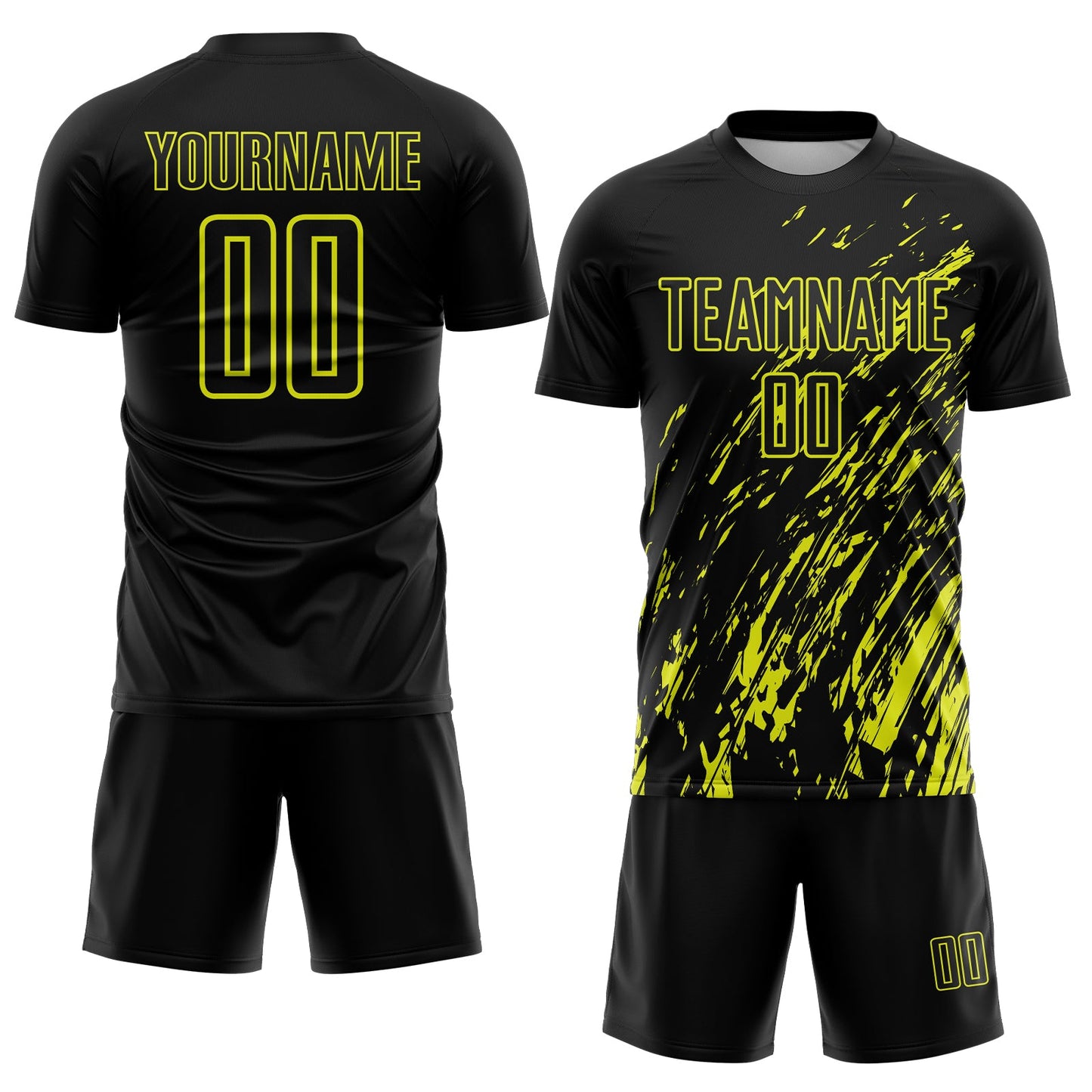 Custom Black Neon Yellow Splash Sublimation Soccer Uniform Jersey view 2