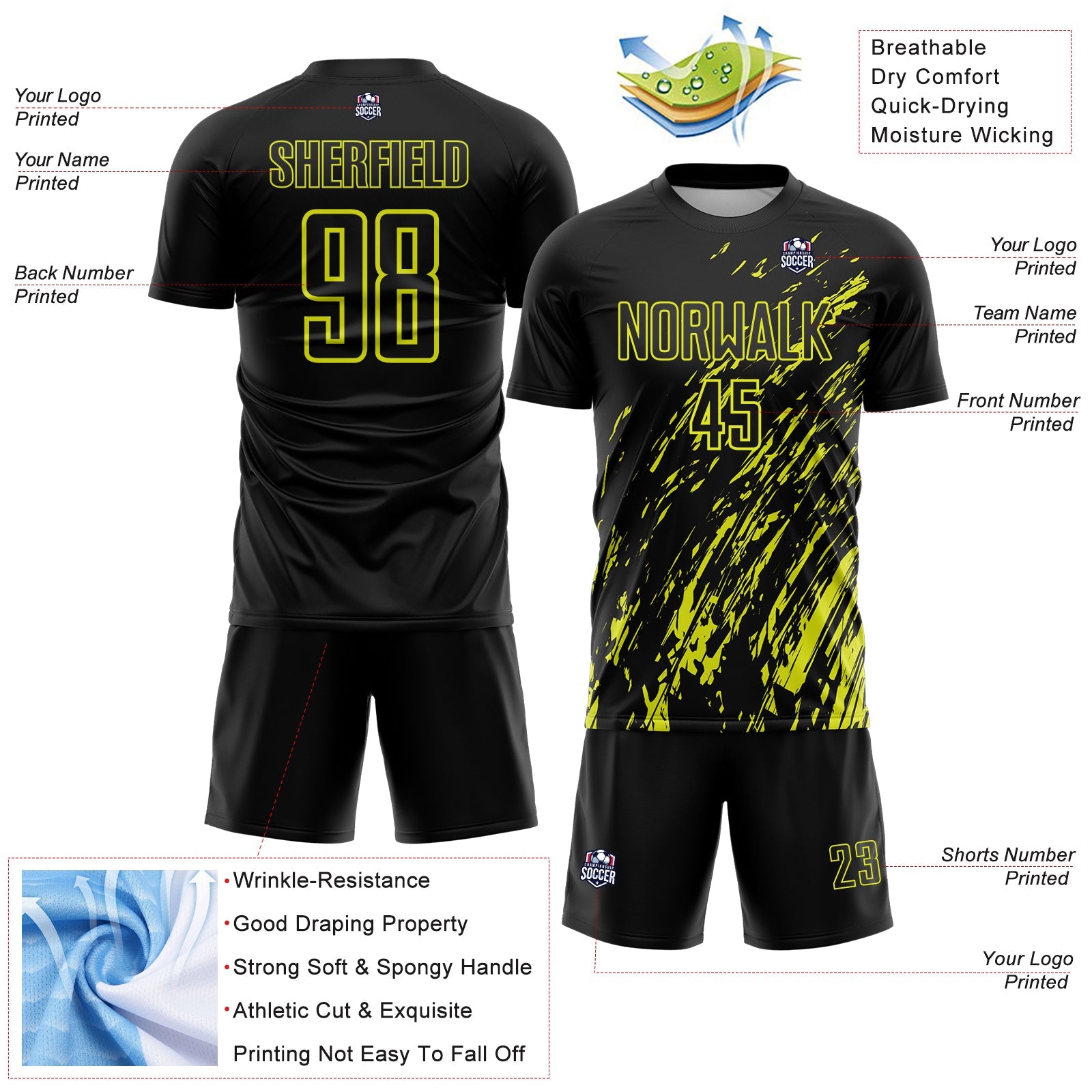 Custom Black Neon Yellow Splash Sublimation Soccer Uniform Jersey view 4