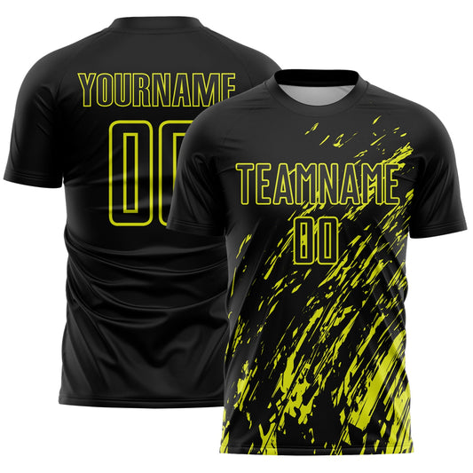 Custom Black Neon Yellow Splash Sublimation Soccer Uniform Jersey - Main View